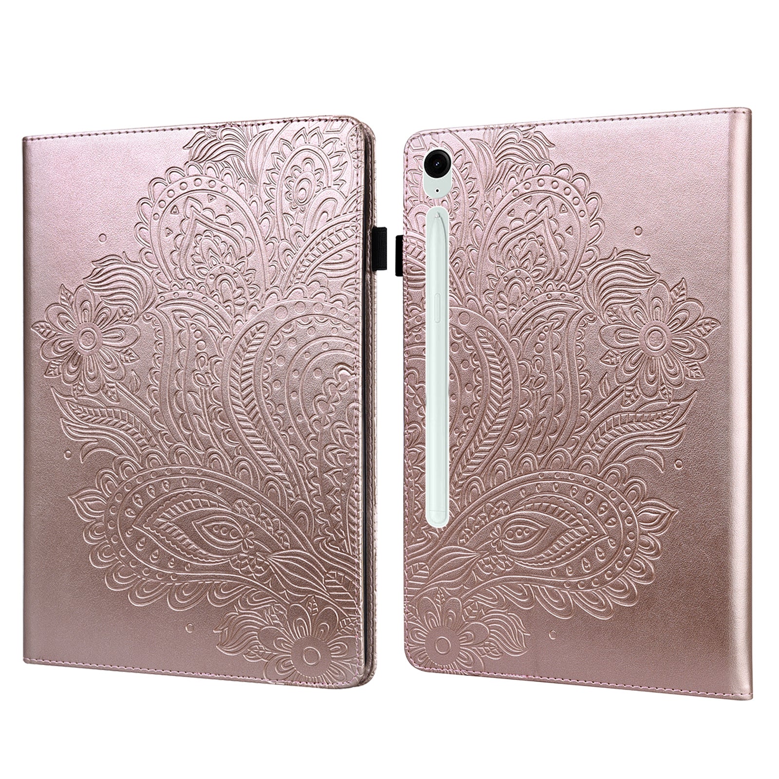 For Samsung Galaxy Tab S10 / S9 / S9 FE PU Leather Card Holder Tablet Case Flower Imprinting Support Stand Cover - Rose Gold