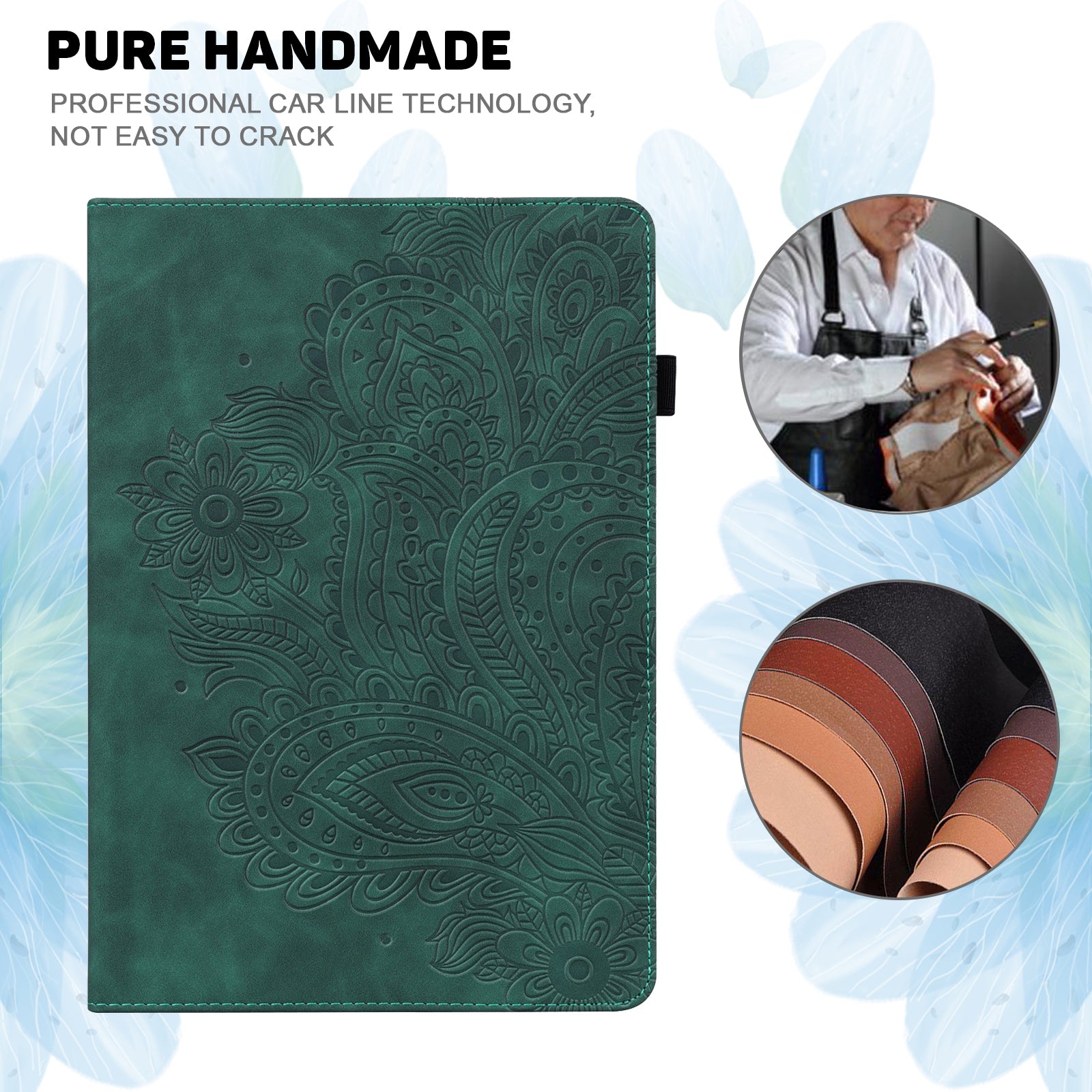 For Samsung Galaxy Tab S10 / S9 / S9 FE PU Leather Card Holder Tablet Case Flower Imprinting Support Stand Cover - Green