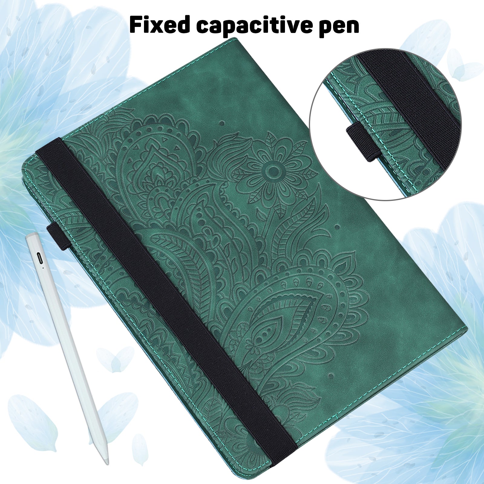 For Samsung Galaxy Tab S10 / S9 / S9 FE PU Leather Card Holder Tablet Case Flower Imprinting Support Stand Cover - Green