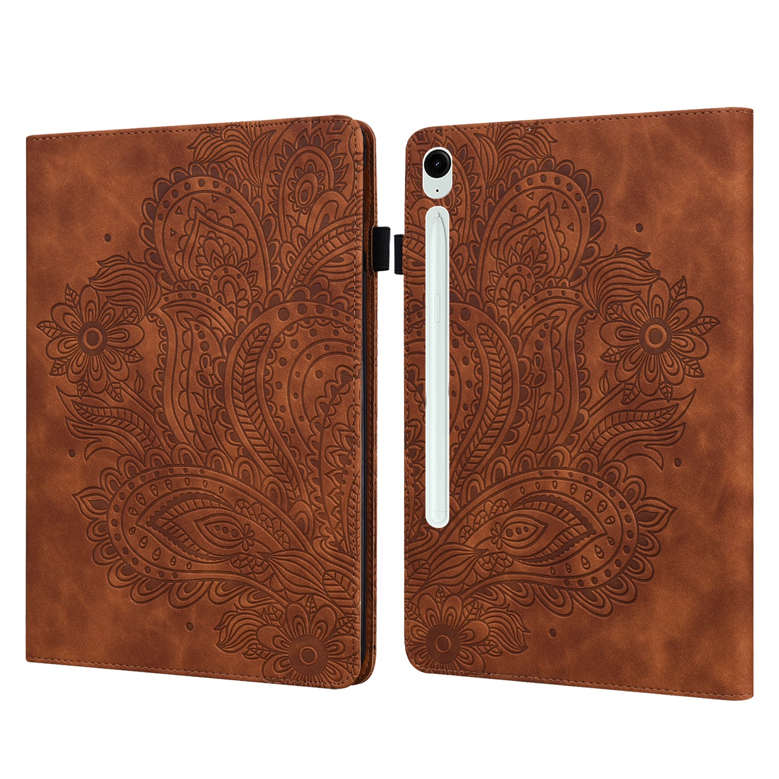 For Samsung Galaxy Tab S10 / S9 / S9 FE PU Leather Card Holder Tablet Case Flower Imprinting Support Stand Cover - Brown