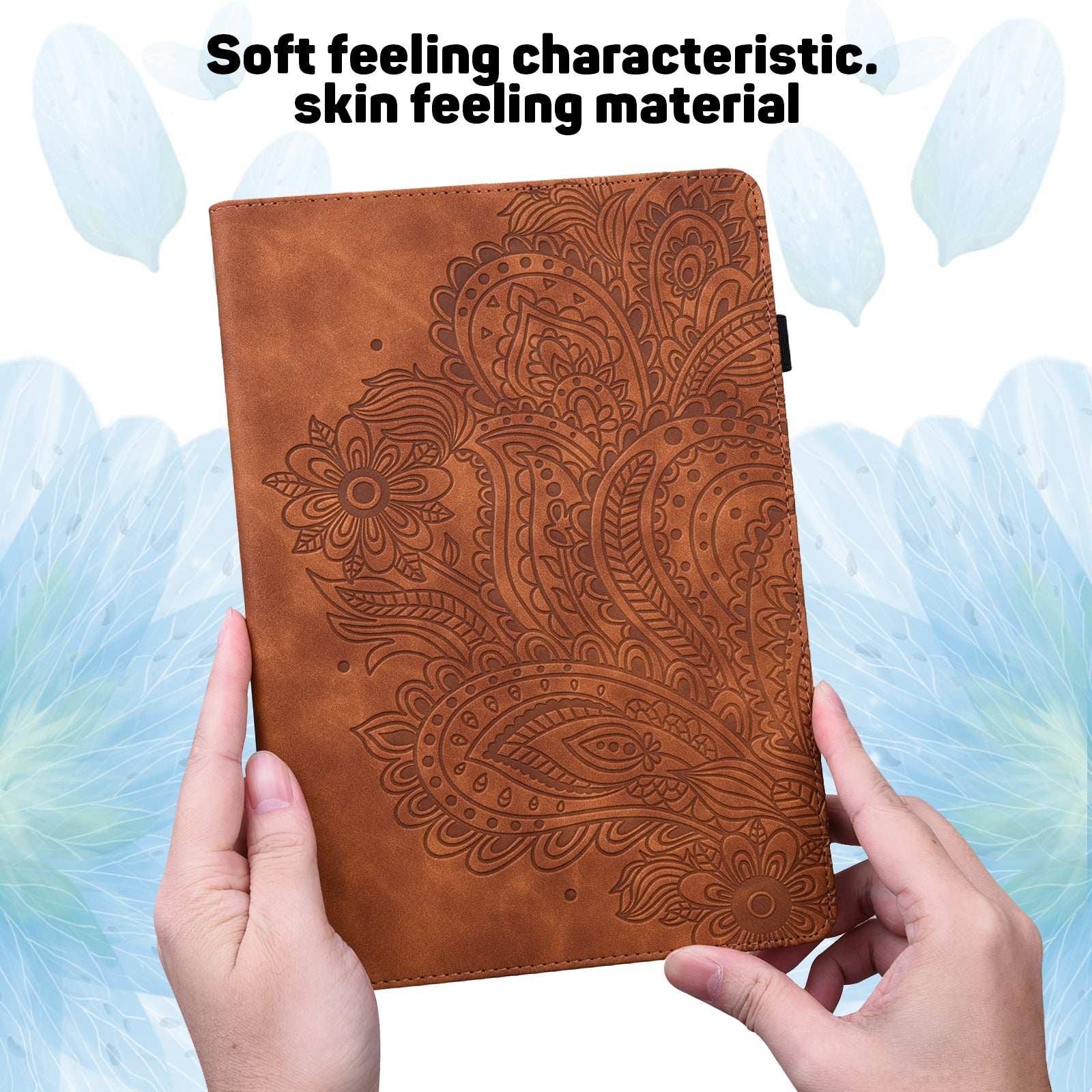 For Samsung Galaxy Tab S10 / S9 / S9 FE PU Leather Card Holder Tablet Case Flower Imprinting Support Stand Cover - Brown