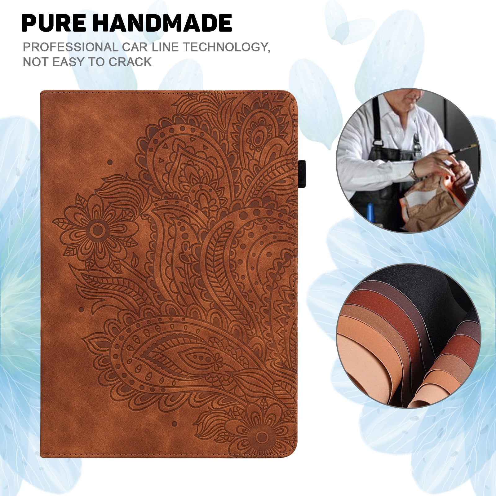 For Samsung Galaxy Tab S10 / S9 / S9 FE PU Leather Card Holder Tablet Case Flower Imprinting Support Stand Cover - Brown