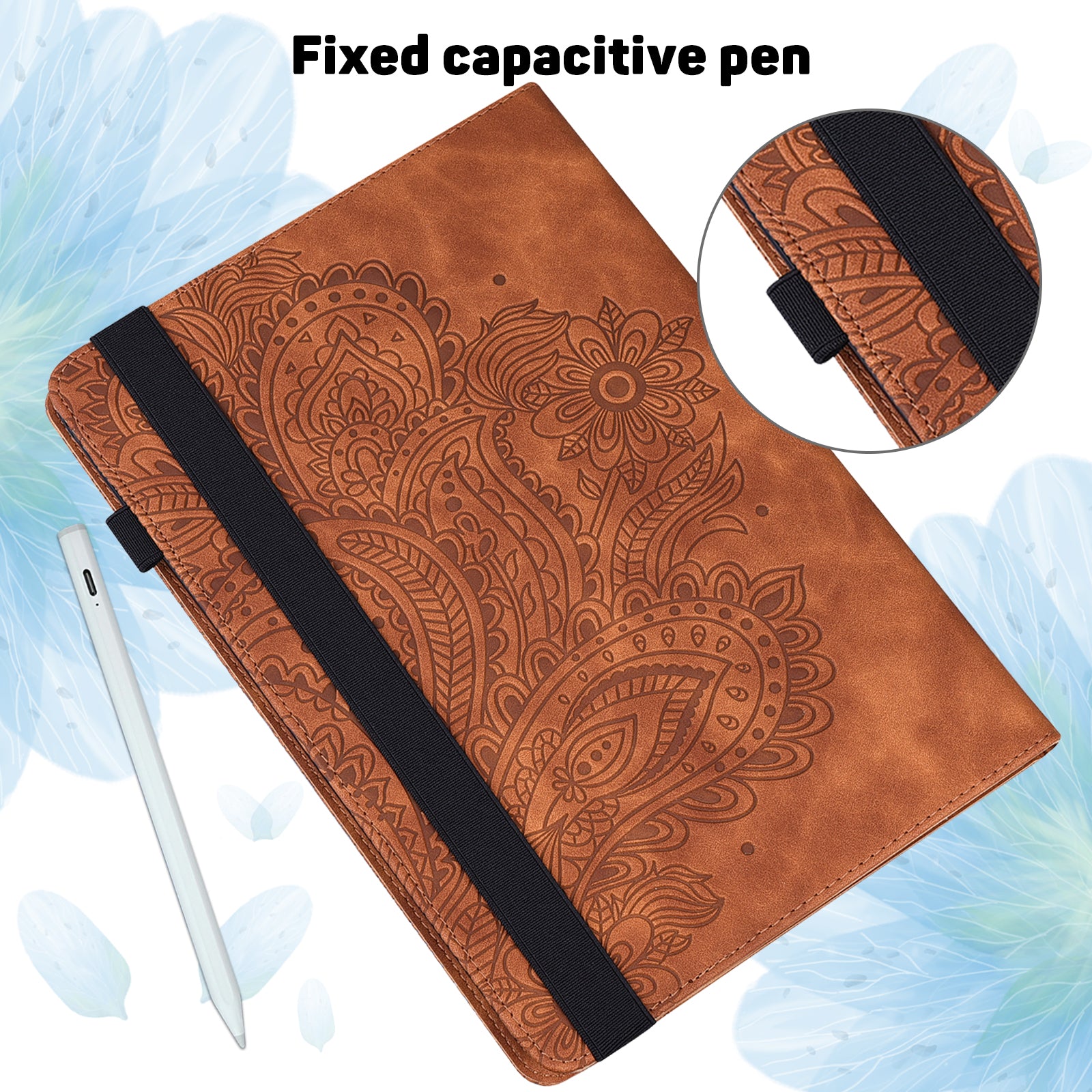 For Samsung Galaxy Tab S10 / S9 / S9 FE PU Leather Card Holder Tablet Case Flower Imprinting Support Stand Cover - Brown