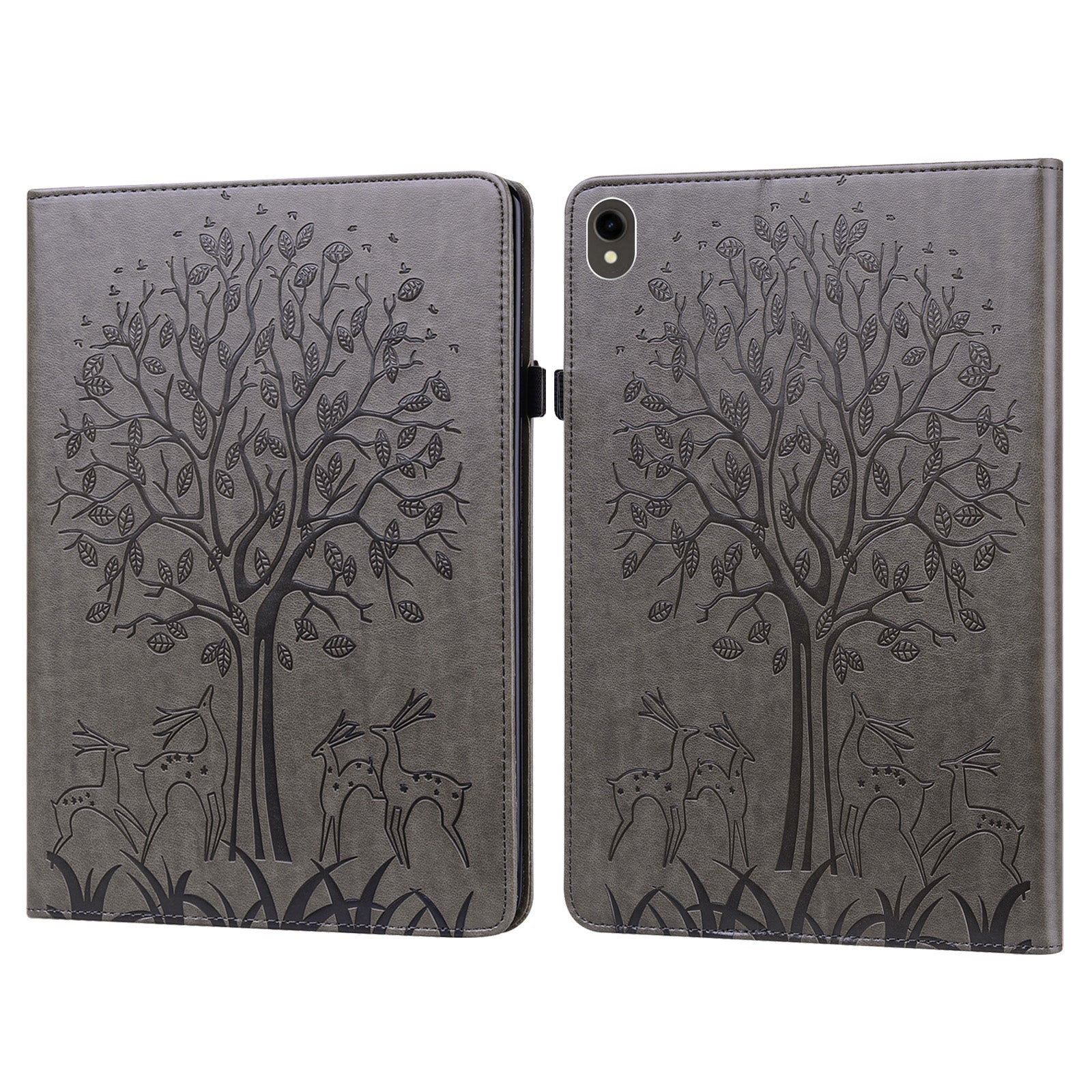 For Samsung Galaxy Tab S10 / S9 / S9 FE Tree Deer Imprinted Stand Cover PU Leather Card Holder Tablet Case - Grey