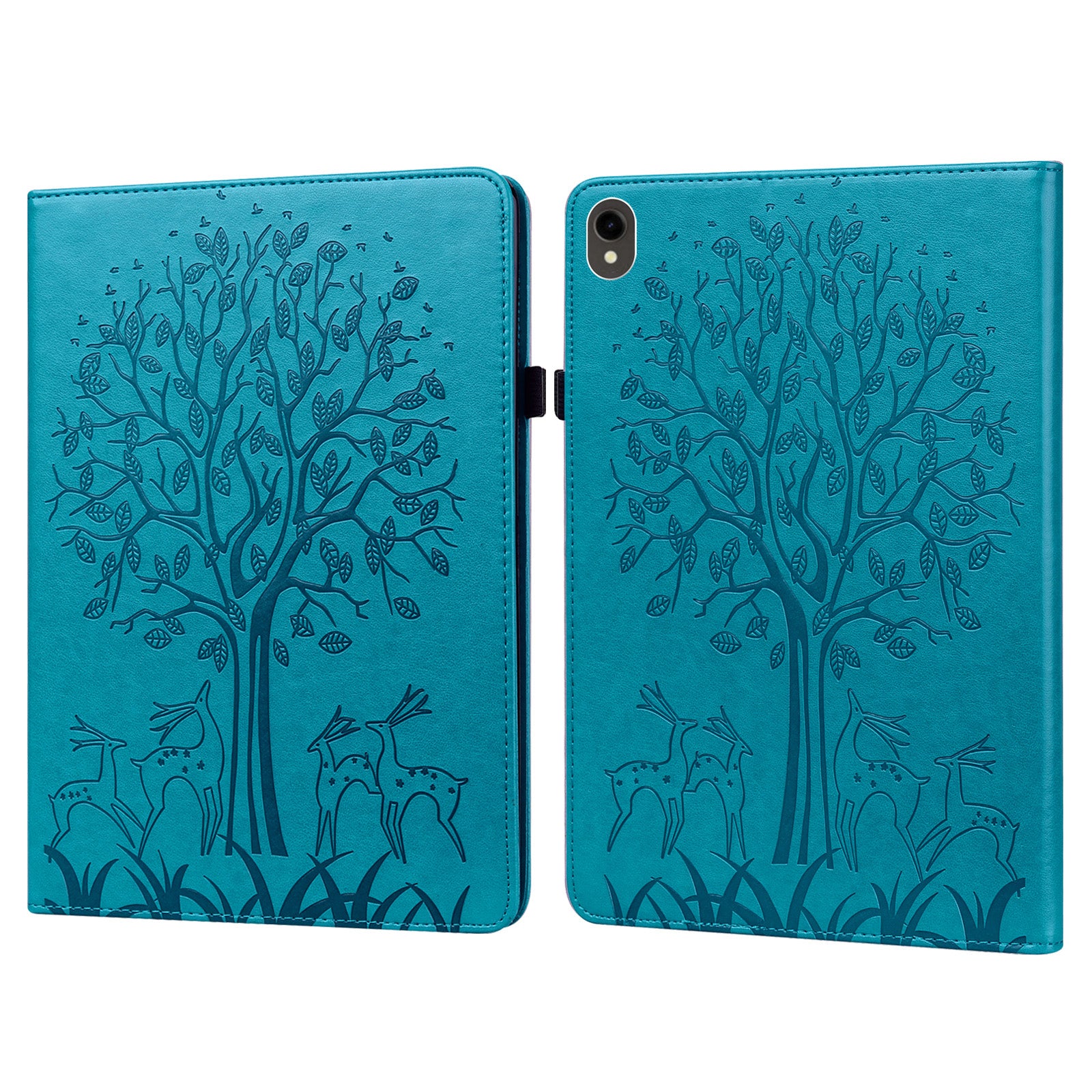 For Samsung Galaxy Tab S10 / S9 / S9 FE Tree Deer Imprinted Stand Cover PU Leather Card Holder Tablet Case - Blue