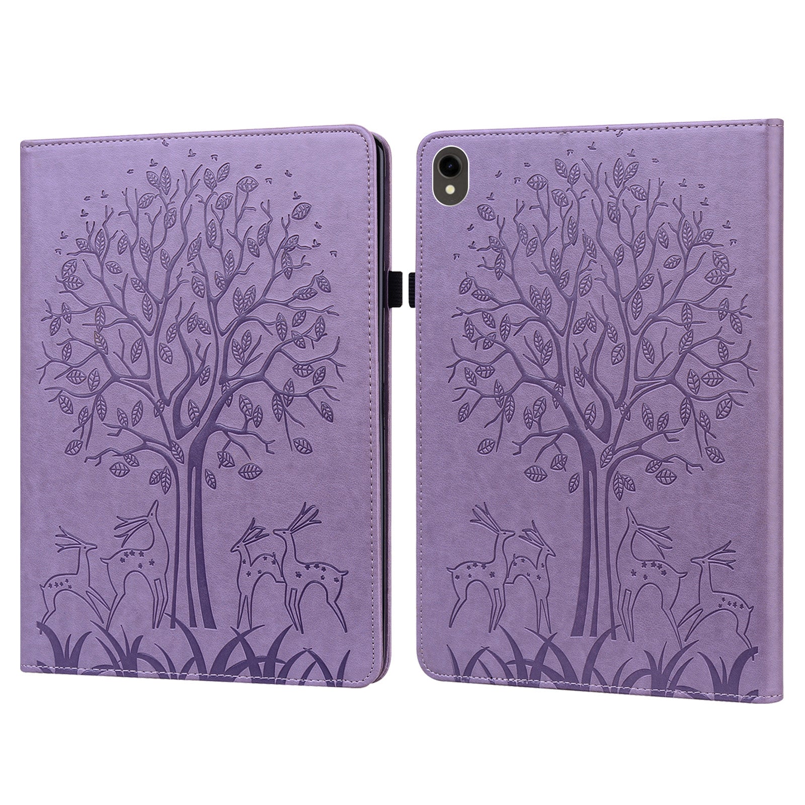 For Samsung Galaxy Tab S10 / S9 / S9 FE Tree Deer Imprinted Stand Cover PU Leather Card Holder Tablet Case - Purple