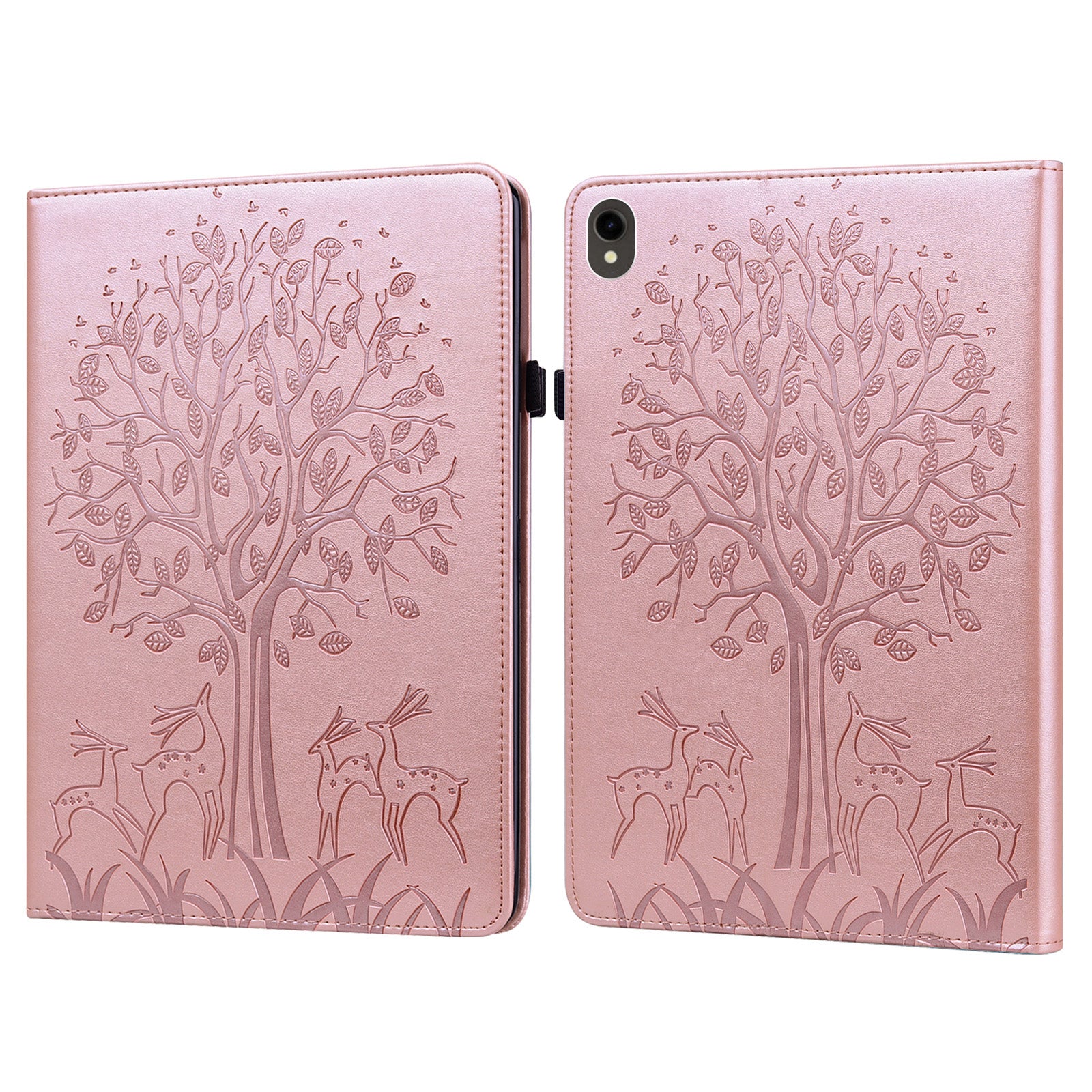 For Samsung Galaxy Tab S10 / S9 / S9 FE Tree Deer Imprinted Stand Cover PU Leather Card Holder Tablet Case - Rose Gold