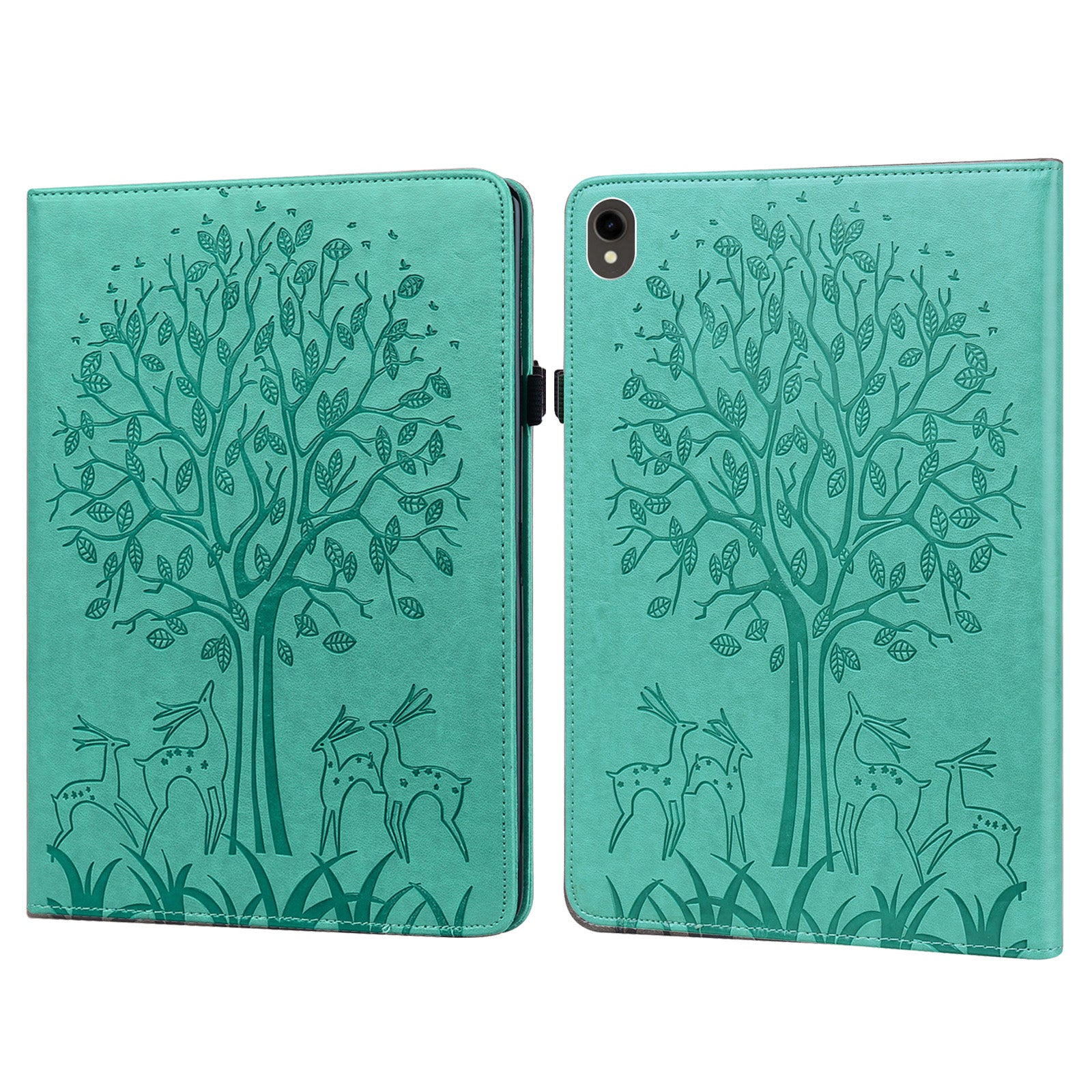 For Samsung Galaxy Tab S10 / S9 / S9 FE Tree Deer Imprinted Stand Cover PU Leather Card Holder Tablet Case - Green