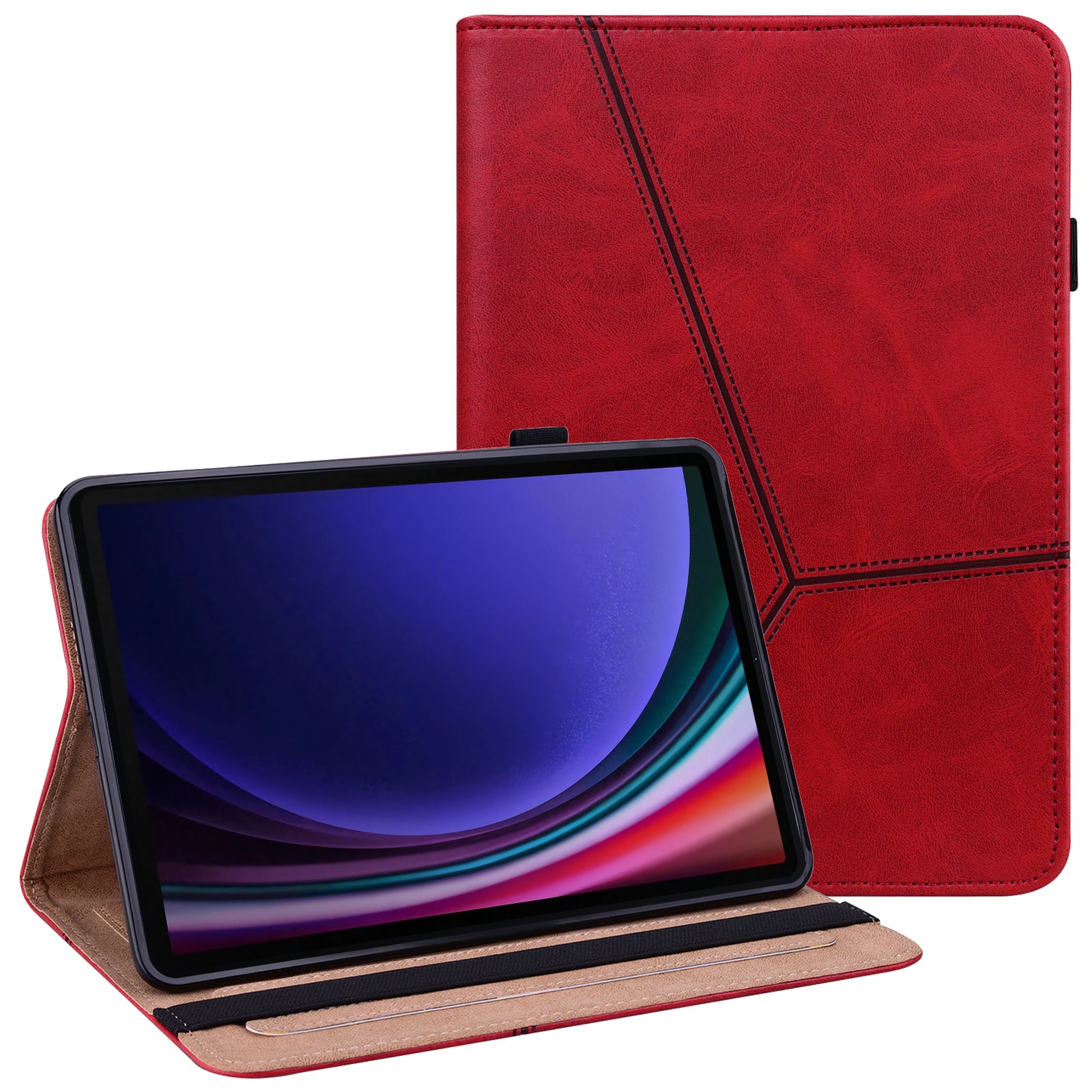 For Samsung Galaxy Tab S10 / S9 / S9 FE PU Stand Cover Line Imprinted Protective Tablet Cover with Card Slots - Red