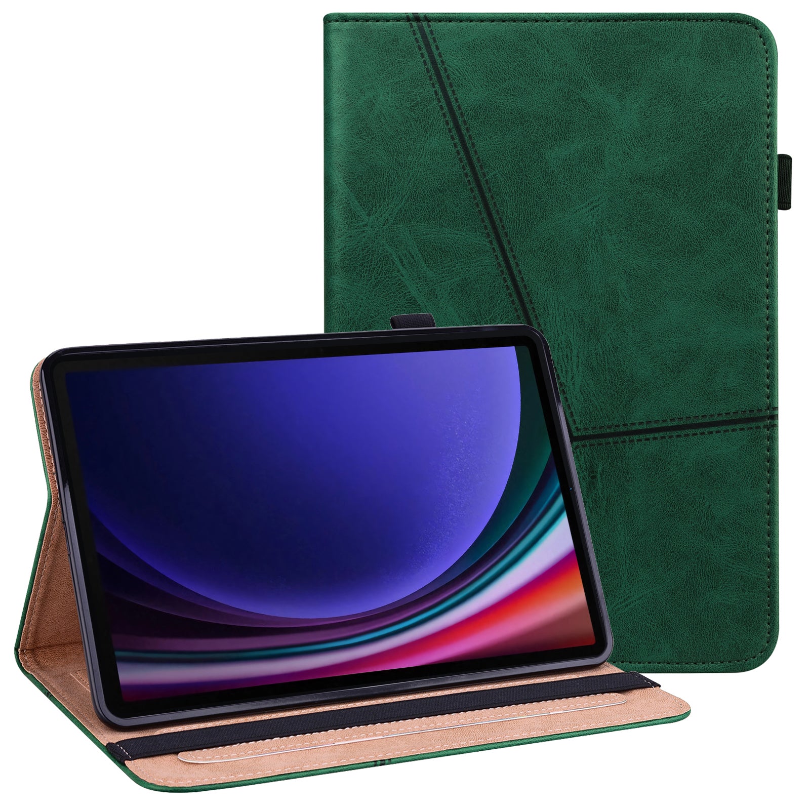 For Samsung Galaxy Tab S10 / S9 / S9 FE PU Stand Cover Line Imprinted Protective Tablet Cover with Card Slots - Green