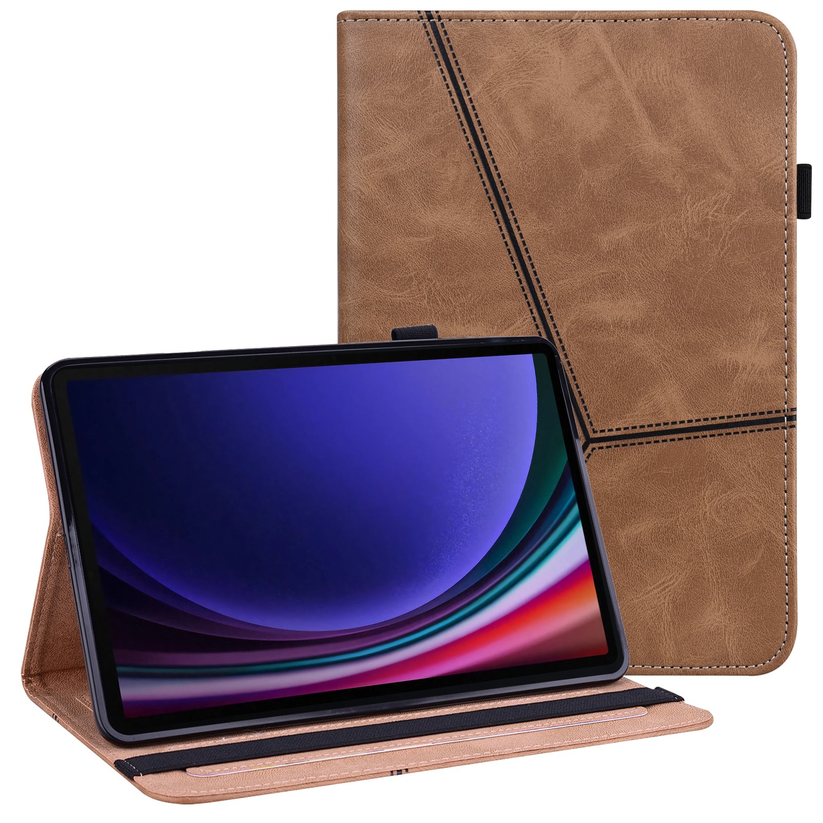 For Samsung Galaxy Tab S10 / S9 / S9 FE PU Stand Cover Line Imprinted Protective Tablet Cover with Card Slots - Brown