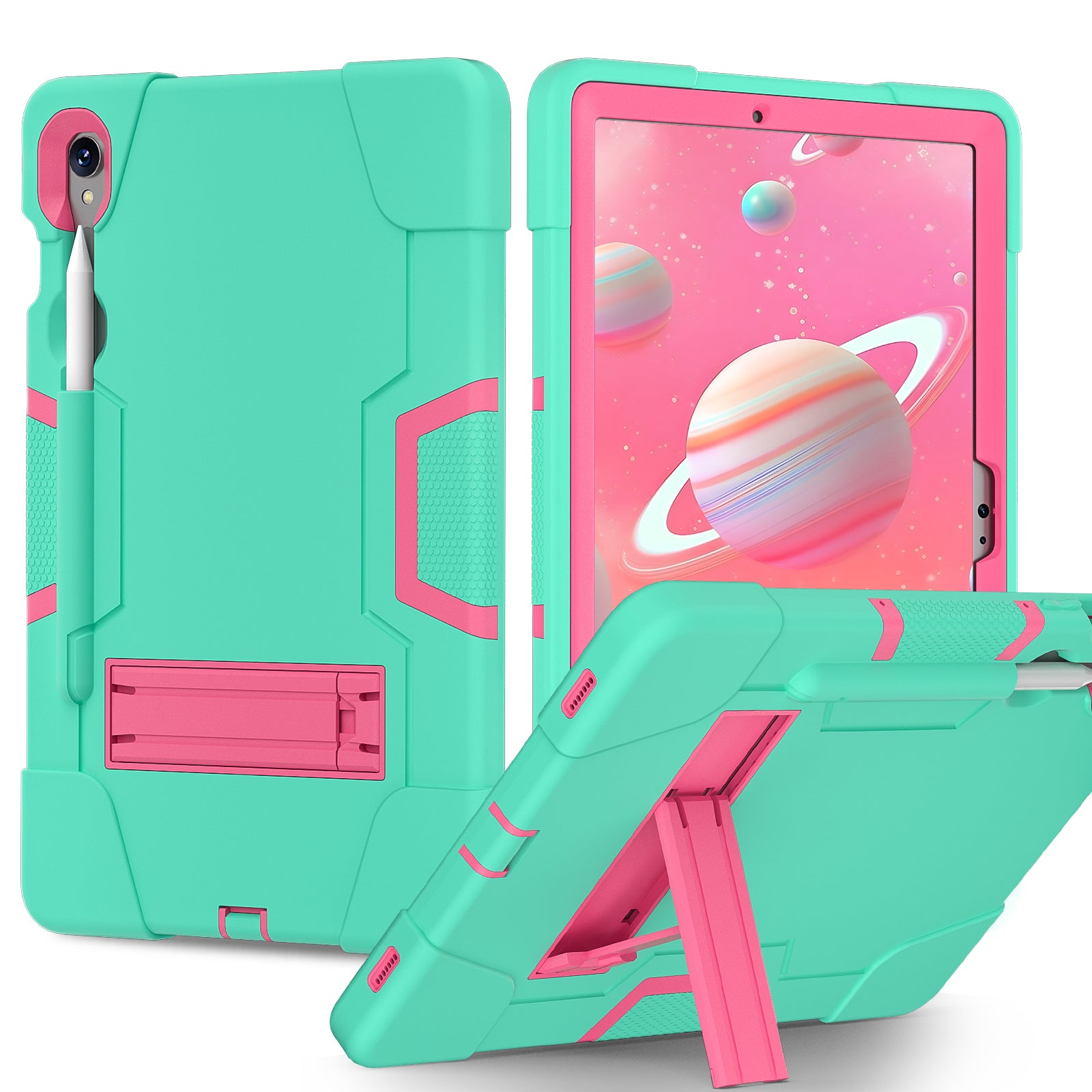 Silicone + PC Tablet Case for Samsung Galaxy Tab S9 SM-X710  /  S9 FE SM-X510 Robot Style Dual Color Kickstand Cover - Mint Green  /  Rose Red