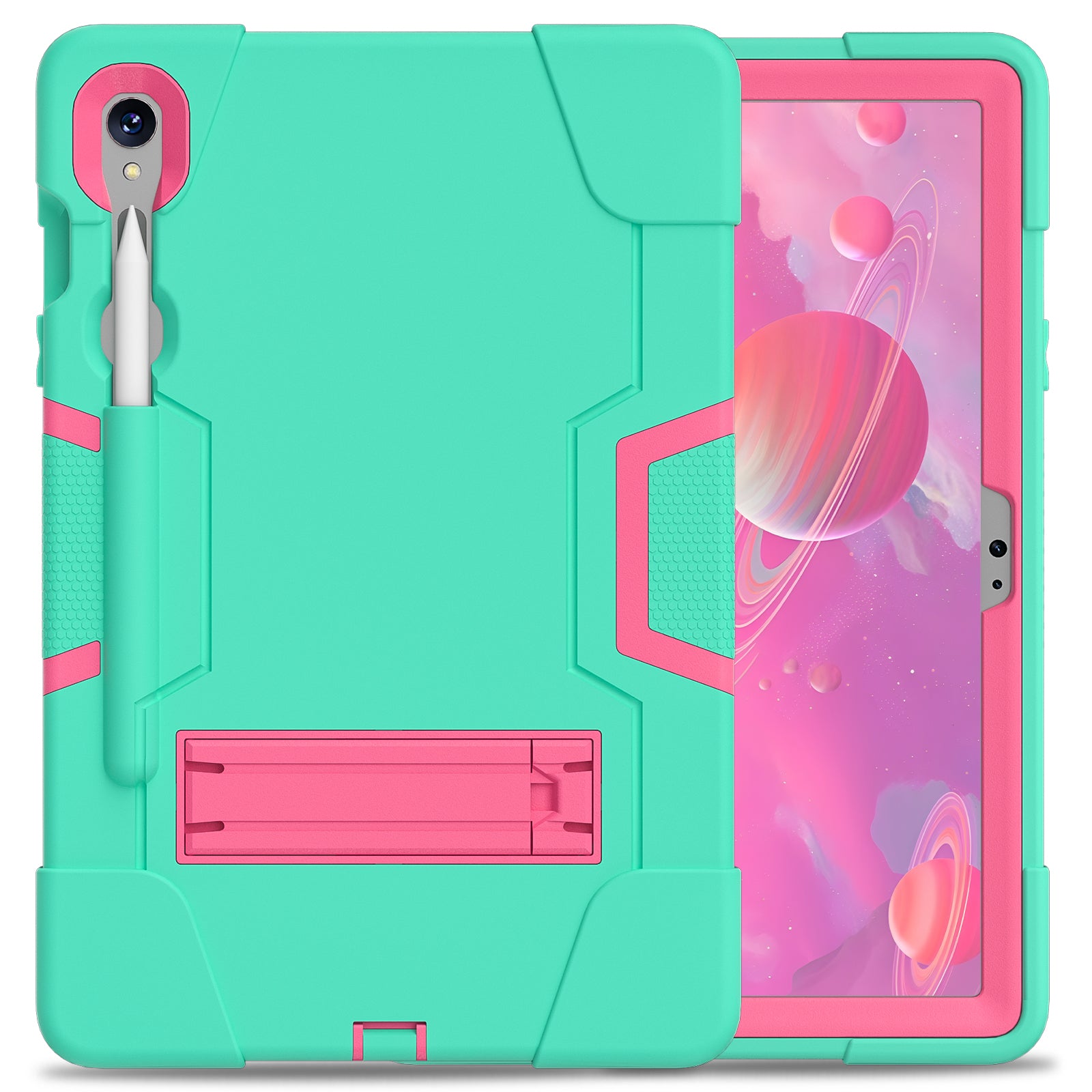 Silicone + PC Tablet Case for Samsung Galaxy Tab S9 SM-X710  /  S9 FE SM-X510 Robot Style Dual Color Kickstand Cover - Mint Green  /  Rose Red