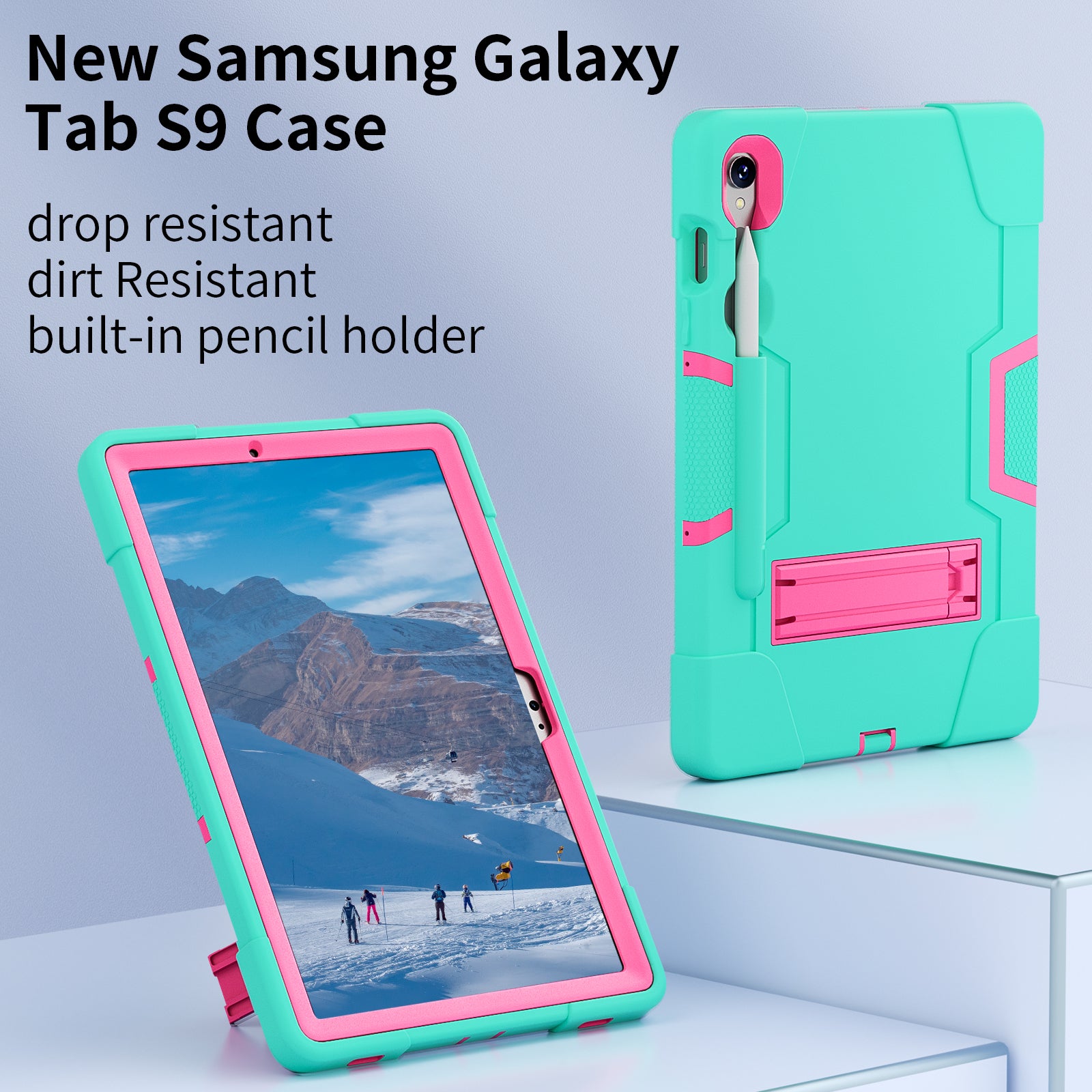 Silicone + PC Tablet Case for Samsung Galaxy Tab S9 SM-X710  /  S9 FE SM-X510 Robot Style Dual Color Kickstand Cover - Mint Green  /  Rose Red