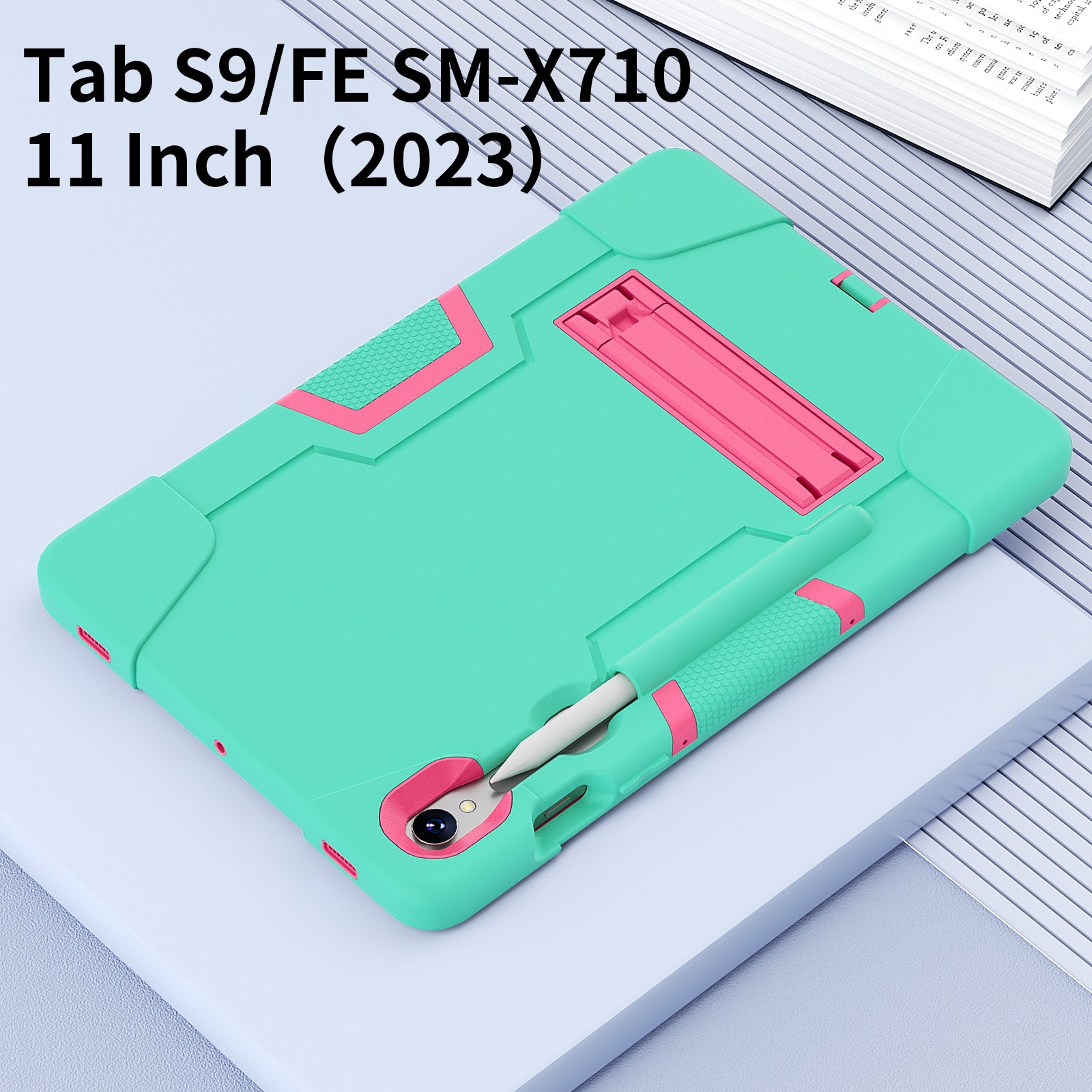 Silicone + PC Tablet Case for Samsung Galaxy Tab S9 SM-X710  /  S9 FE SM-X510 Robot Style Dual Color Kickstand Cover - Mint Green  /  Rose Red