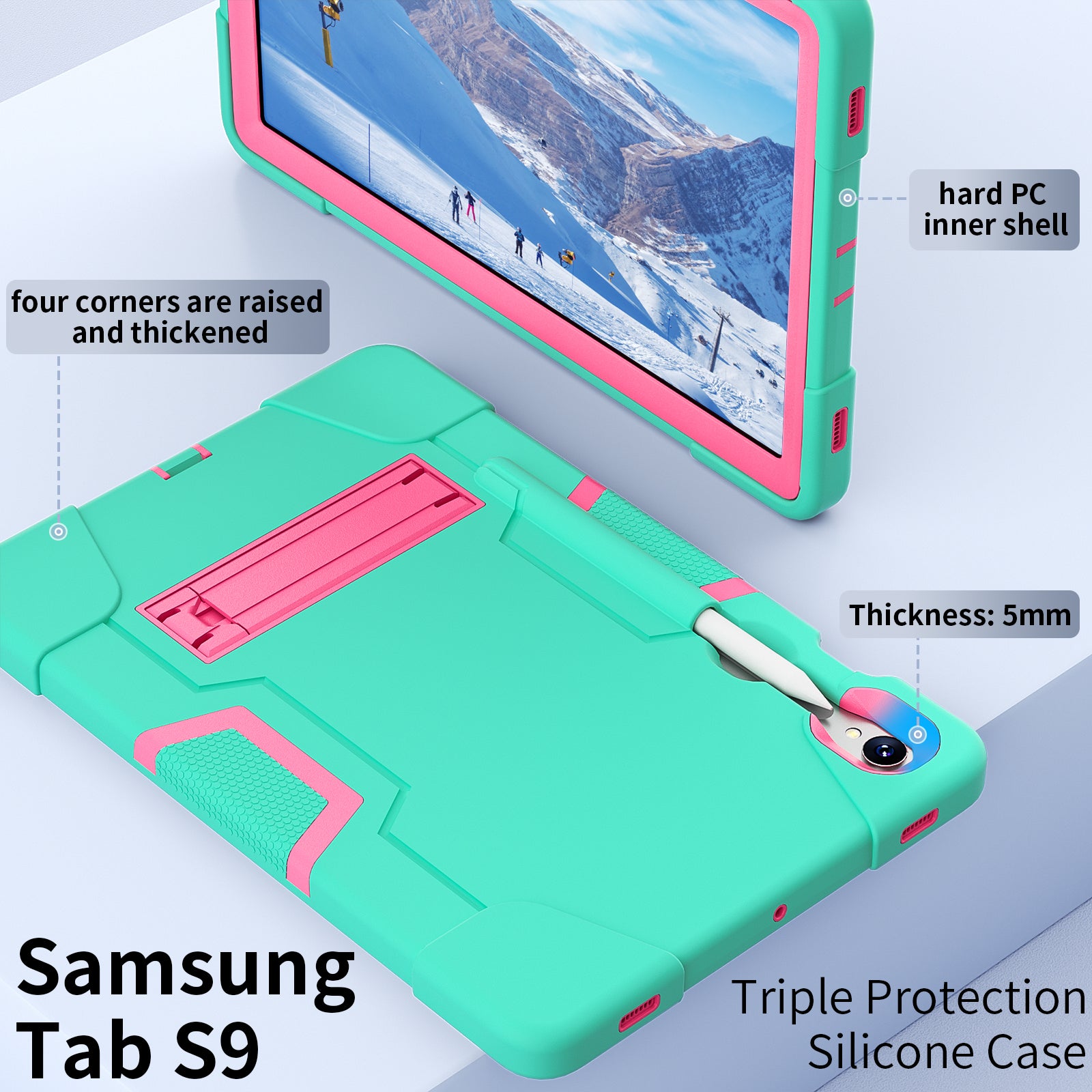 Silicone + PC Tablet Case for Samsung Galaxy Tab S9 SM-X710  /  S9 FE SM-X510 Robot Style Dual Color Kickstand Cover - Mint Green  /  Rose Red