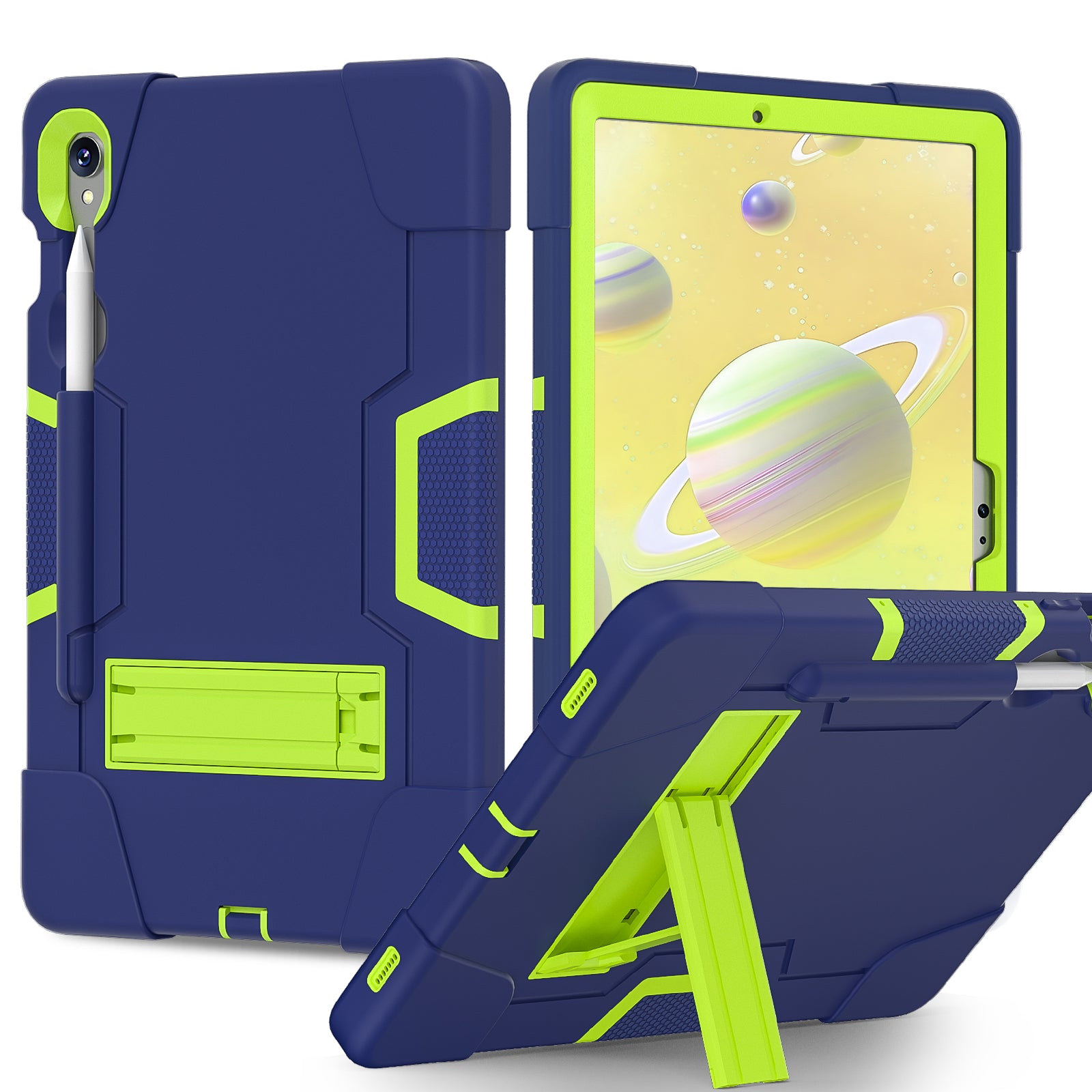 Silicone + PC Tablet Case for Samsung Galaxy Tab S9 SM-X710  /  S9 FE SM-X510 Robot Style Dual Color Kickstand Cover - Navy Blue  /  Yellow Green