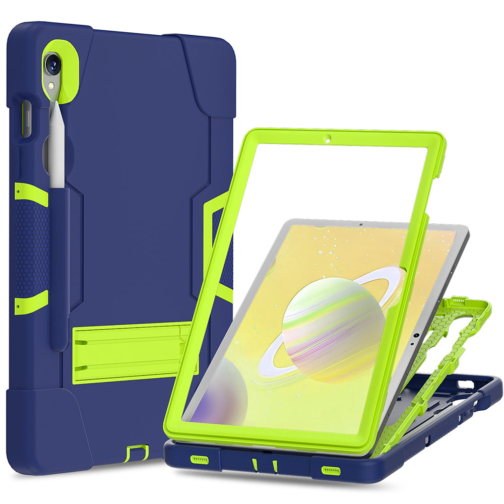 Silicone + PC Tablet Case for Samsung Galaxy Tab S9 SM-X710  /  S9 FE SM-X510 Robot Style Dual Color Kickstand Cover - Navy Blue  /  Yellow Green