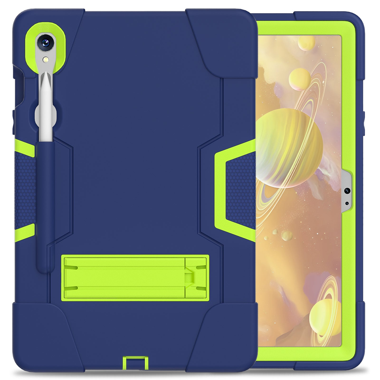 Silicone + PC Tablet Case for Samsung Galaxy Tab S9 SM-X710  /  S9 FE SM-X510 Robot Style Dual Color Kickstand Cover - Navy Blue  /  Yellow Green