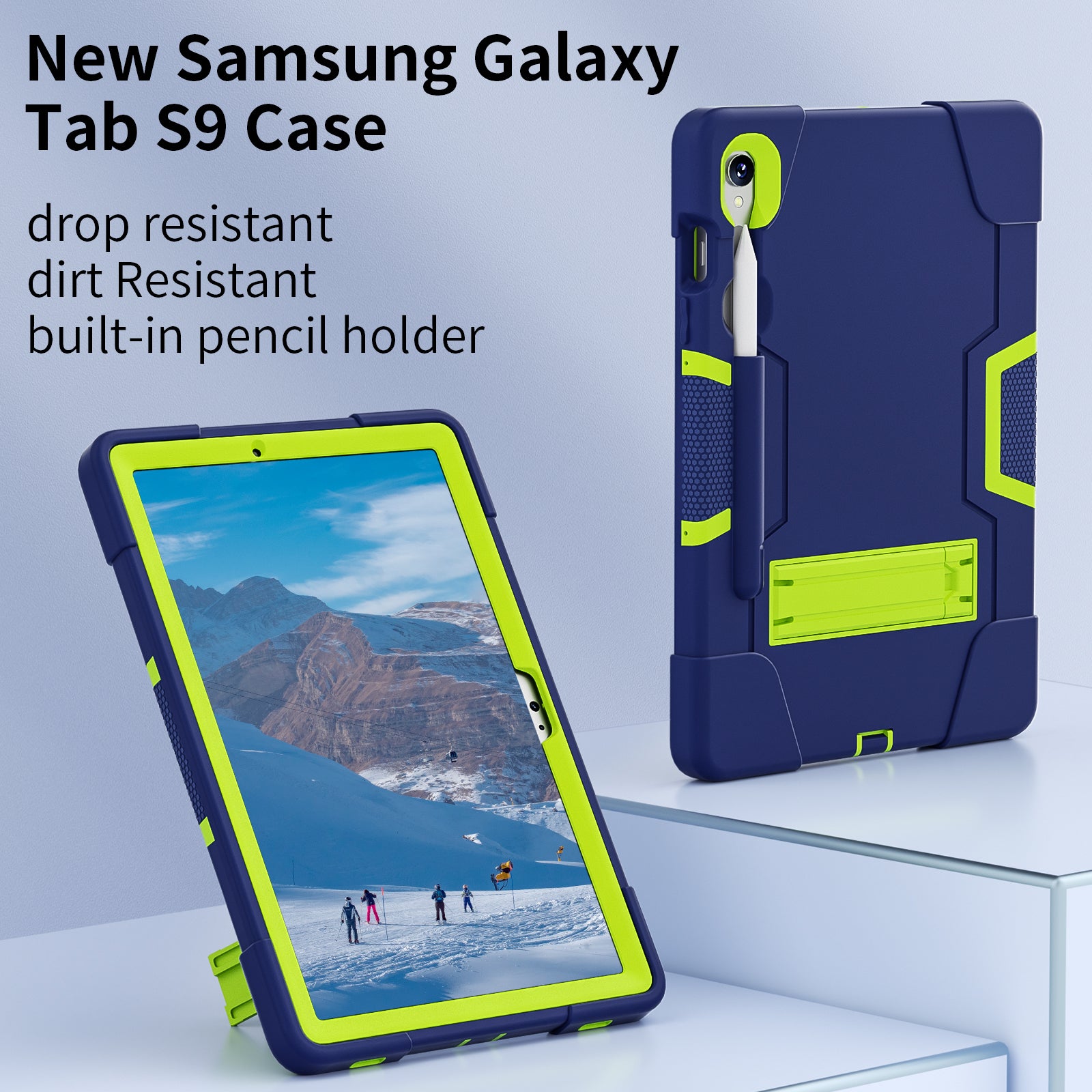 Silicone + PC Tablet Case for Samsung Galaxy Tab S9 SM-X710  /  S9 FE SM-X510 Robot Style Dual Color Kickstand Cover - Navy Blue  /  Yellow Green