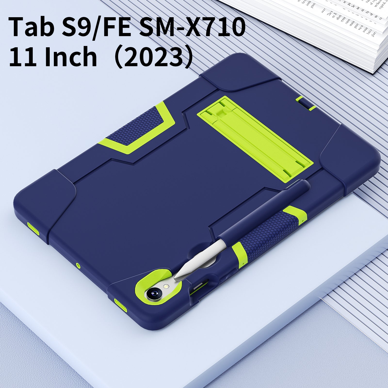 Silicone + PC Tablet Case for Samsung Galaxy Tab S9 SM-X710  /  S9 FE SM-X510 Robot Style Dual Color Kickstand Cover - Navy Blue  /  Yellow Green