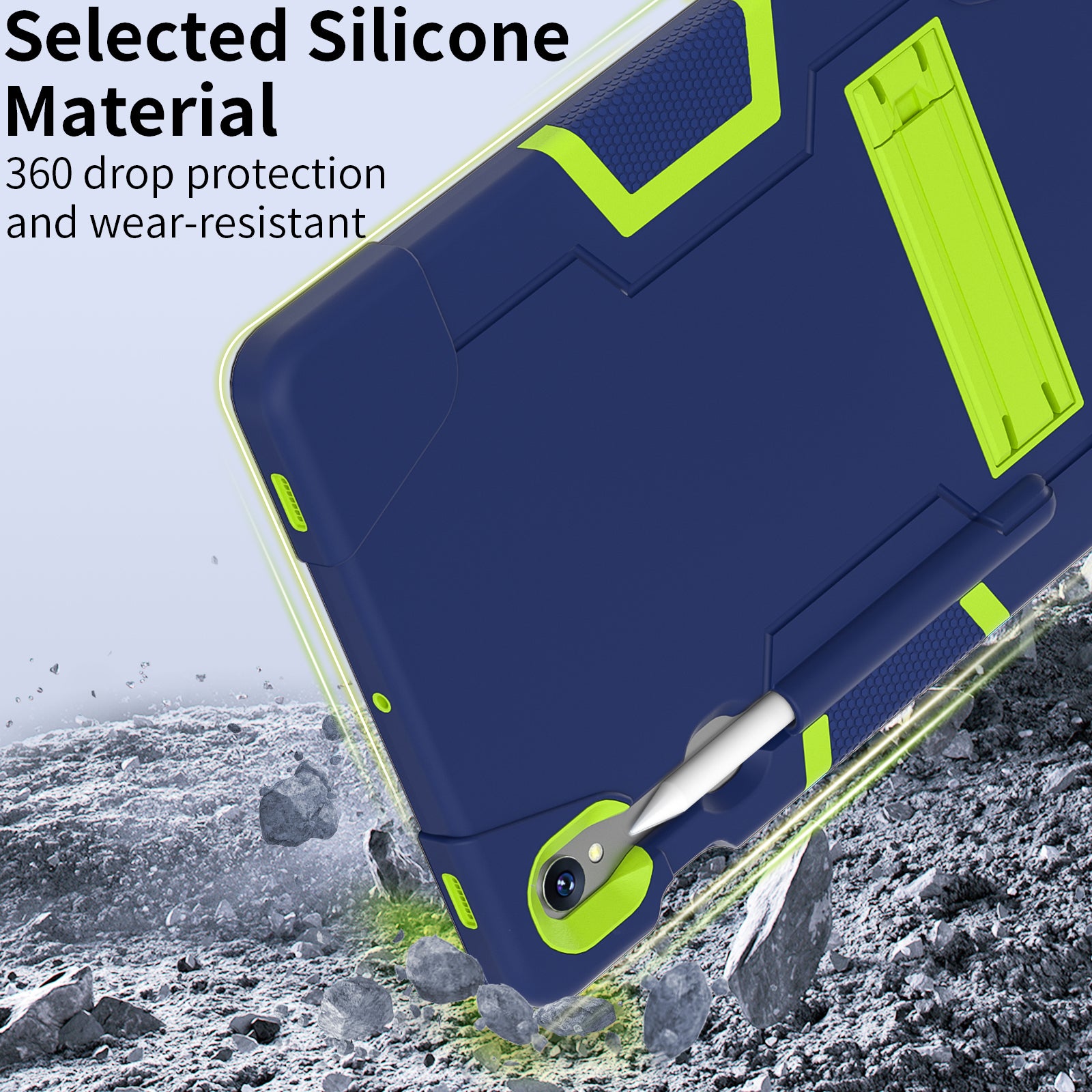 Silicone + PC Tablet Case for Samsung Galaxy Tab S9 SM-X710  /  S9 FE SM-X510 Robot Style Dual Color Kickstand Cover - Navy Blue  /  Yellow Green