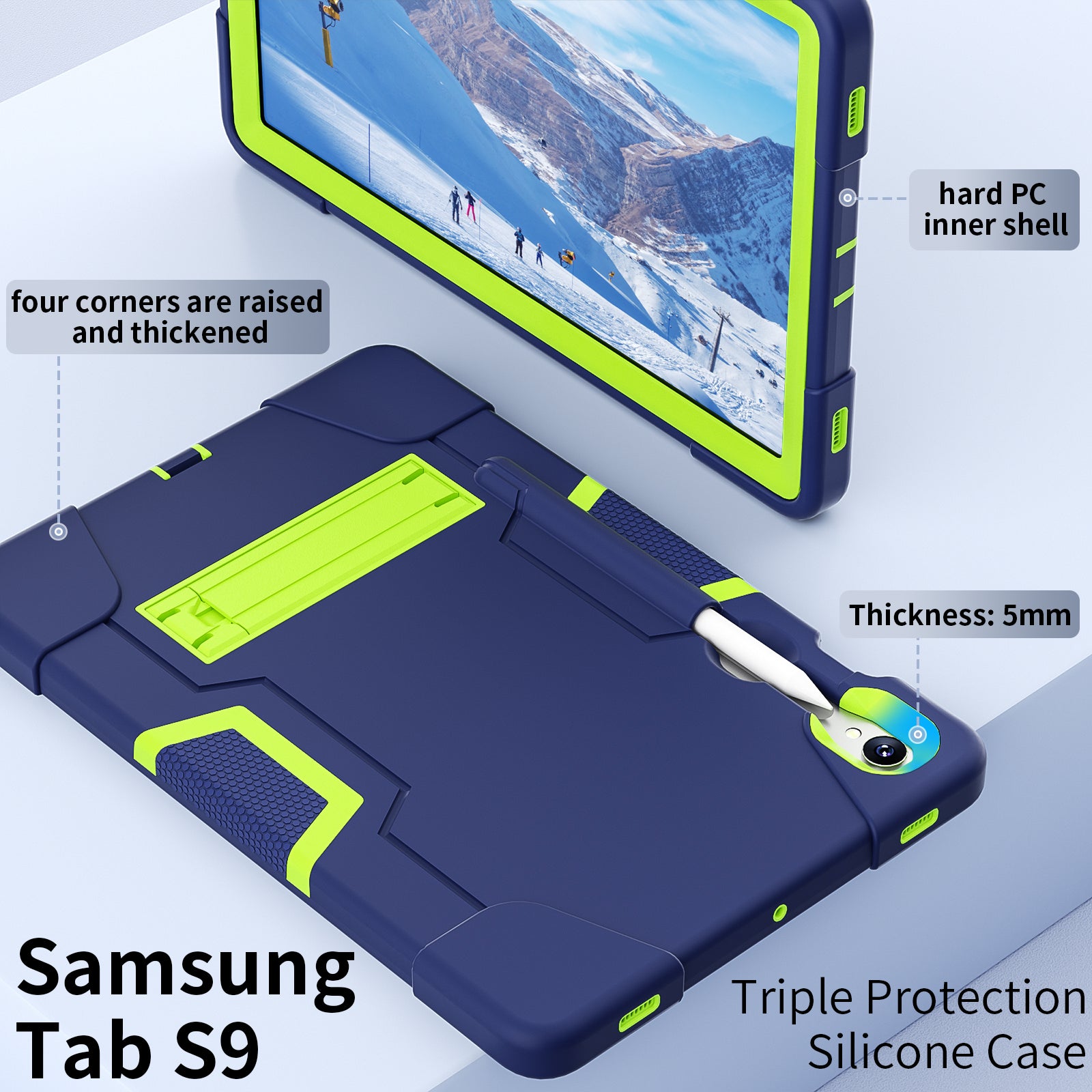 Silicone + PC Tablet Case for Samsung Galaxy Tab S9 SM-X710  /  S9 FE SM-X510 Robot Style Dual Color Kickstand Cover - Navy Blue  /  Yellow Green