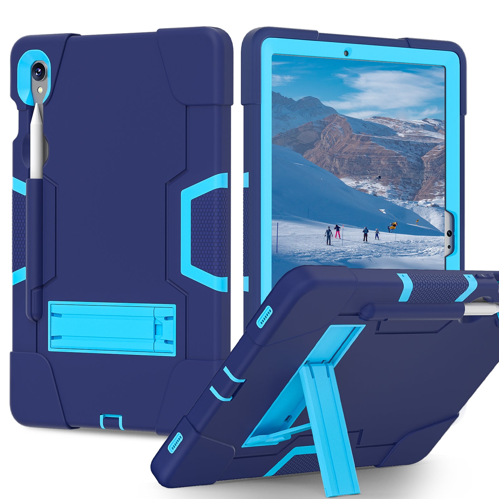 Silicone + PC Tablet Case for Samsung Galaxy Tab S9 SM-X710  /  S9 FE SM-X510 Robot Style Dual Color Kickstand Cover - Navy Blue  /  Blue