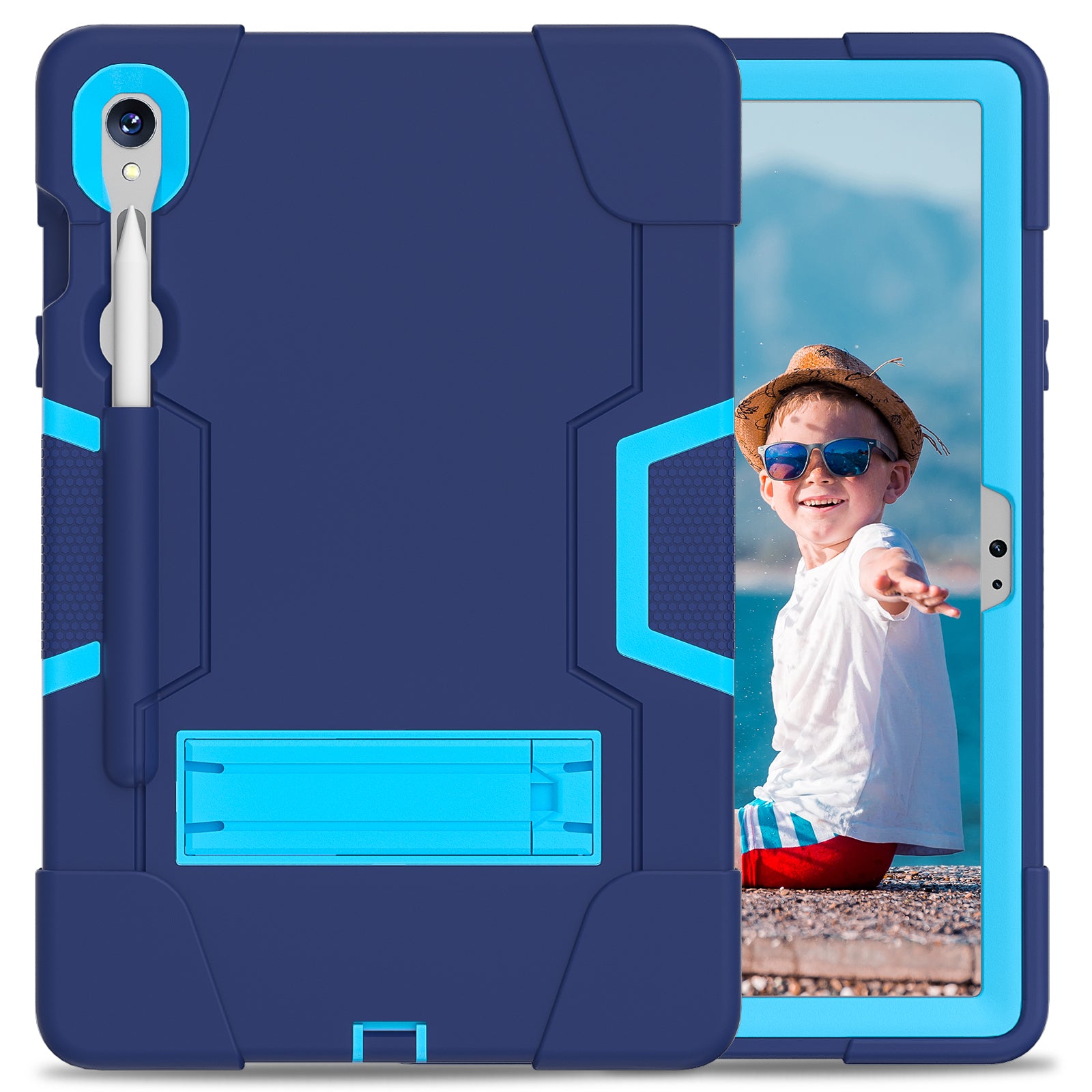 Silicone + PC Tablet Case for Samsung Galaxy Tab S9 SM-X710  /  S9 FE SM-X510 Robot Style Dual Color Kickstand Cover - Navy Blue  /  Blue