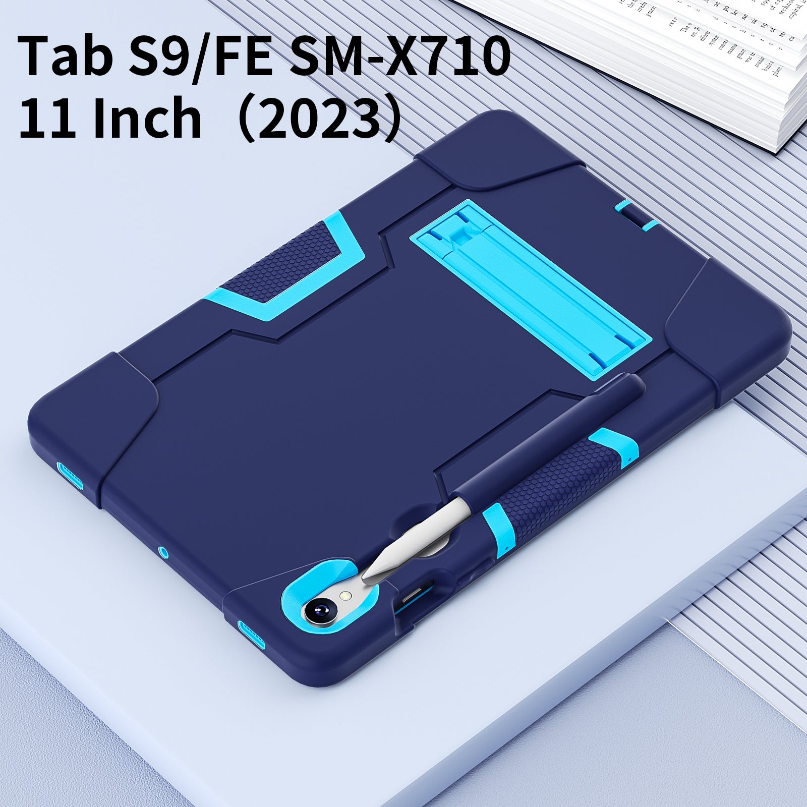 Silicone + PC Tablet Case for Samsung Galaxy Tab S9 SM-X710  /  S9 FE SM-X510 Robot Style Dual Color Kickstand Cover - Navy Blue  /  Blue