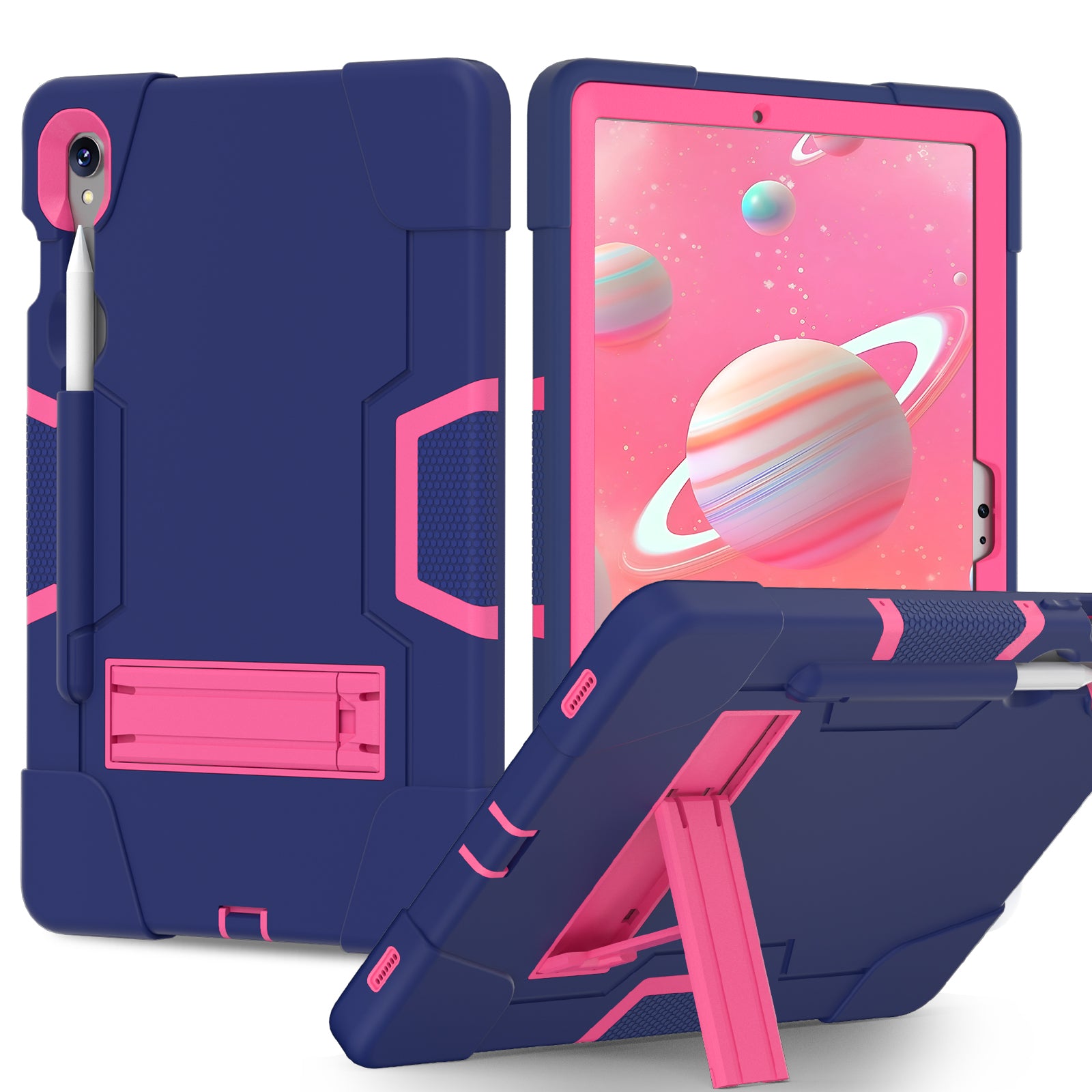 Silicone + PC Tablet Case for Samsung Galaxy Tab S9 SM-X710  /  S9 FE SM-X510 Robot Style Dual Color Kickstand Cover - Navy Blue  /  Rose Red