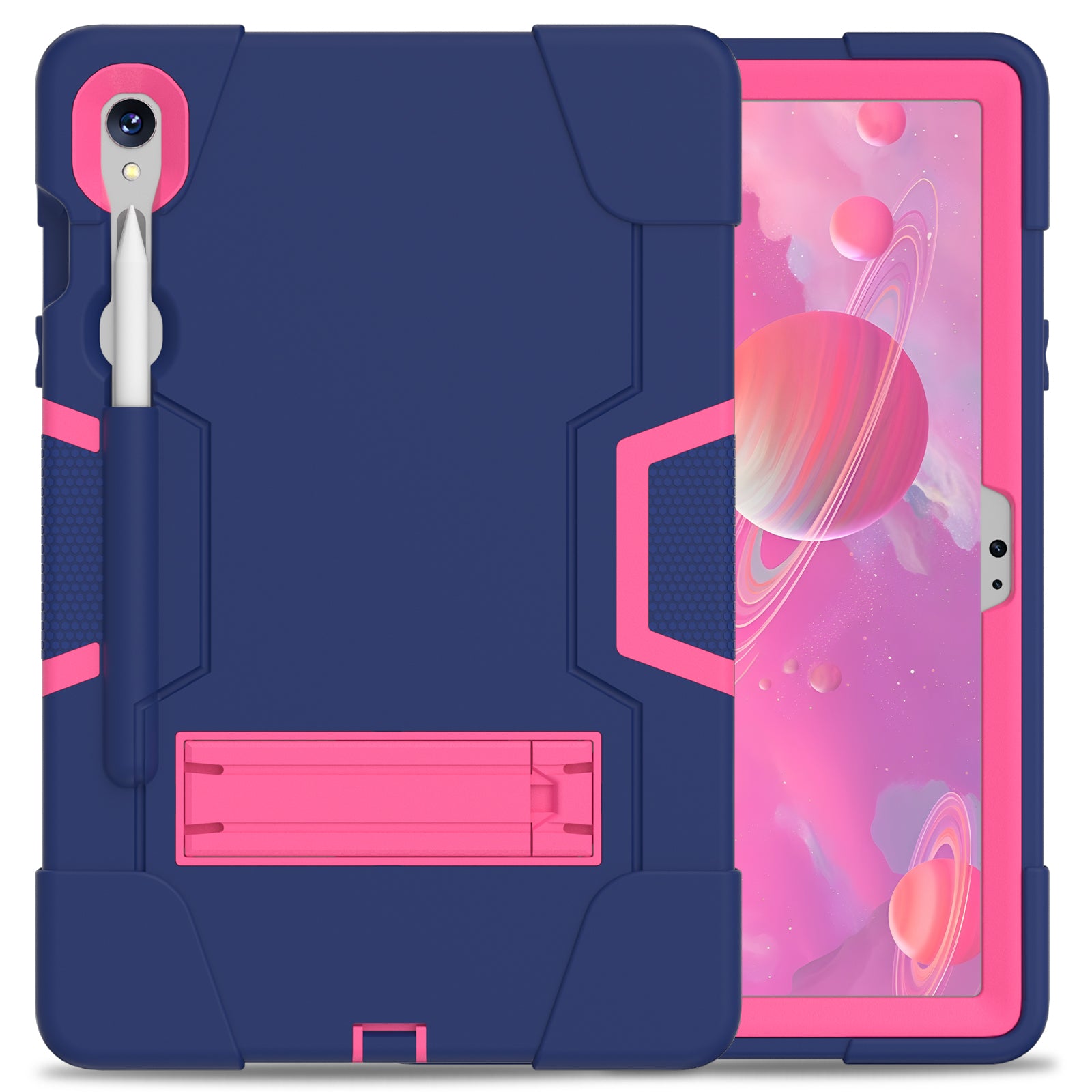 Silicone + PC Tablet Case for Samsung Galaxy Tab S9 SM-X710  /  S9 FE SM-X510 Robot Style Dual Color Kickstand Cover - Navy Blue  /  Rose Red