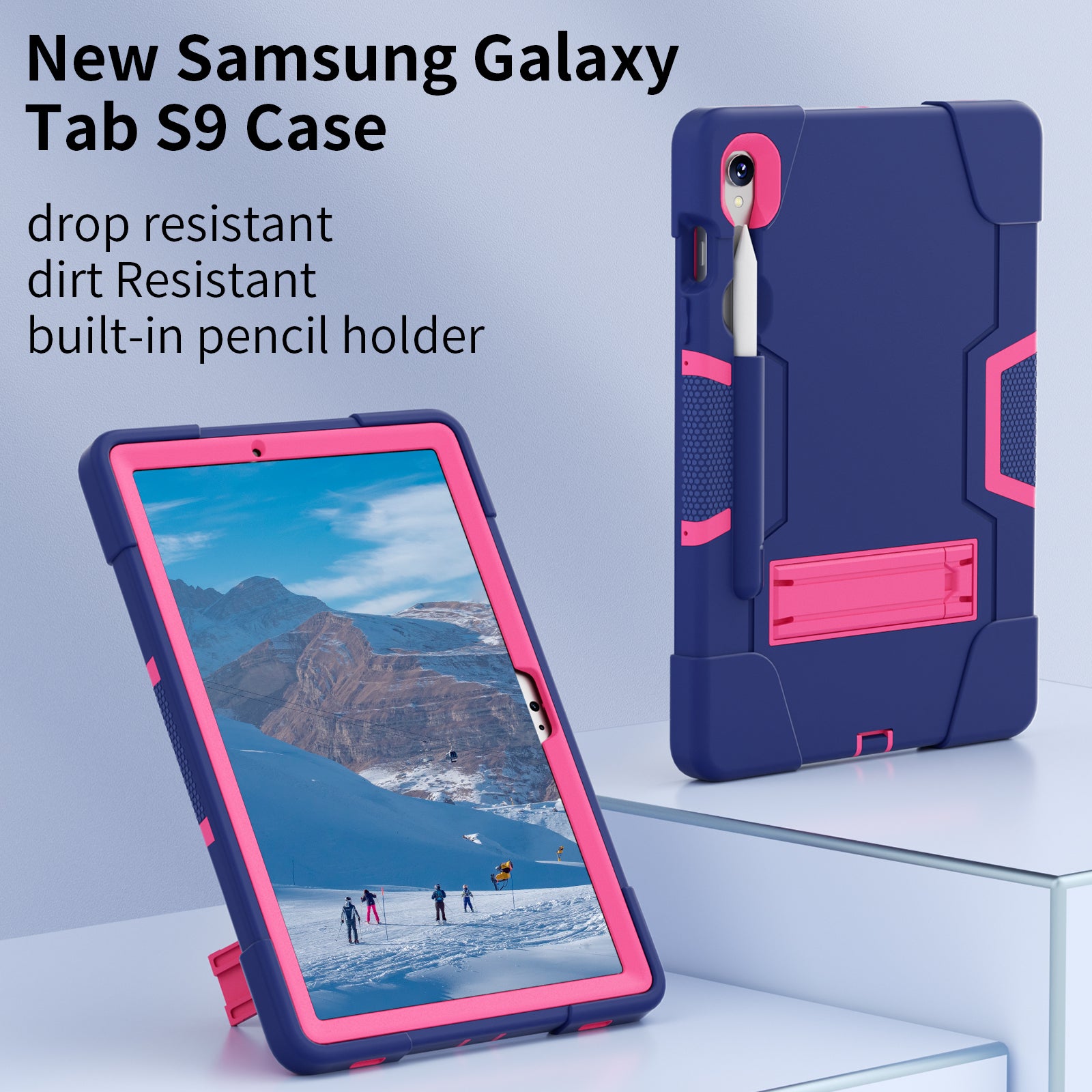 Silicone + PC Tablet Case for Samsung Galaxy Tab S9 SM-X710  /  S9 FE SM-X510 Robot Style Dual Color Kickstand Cover - Navy Blue  /  Rose Red