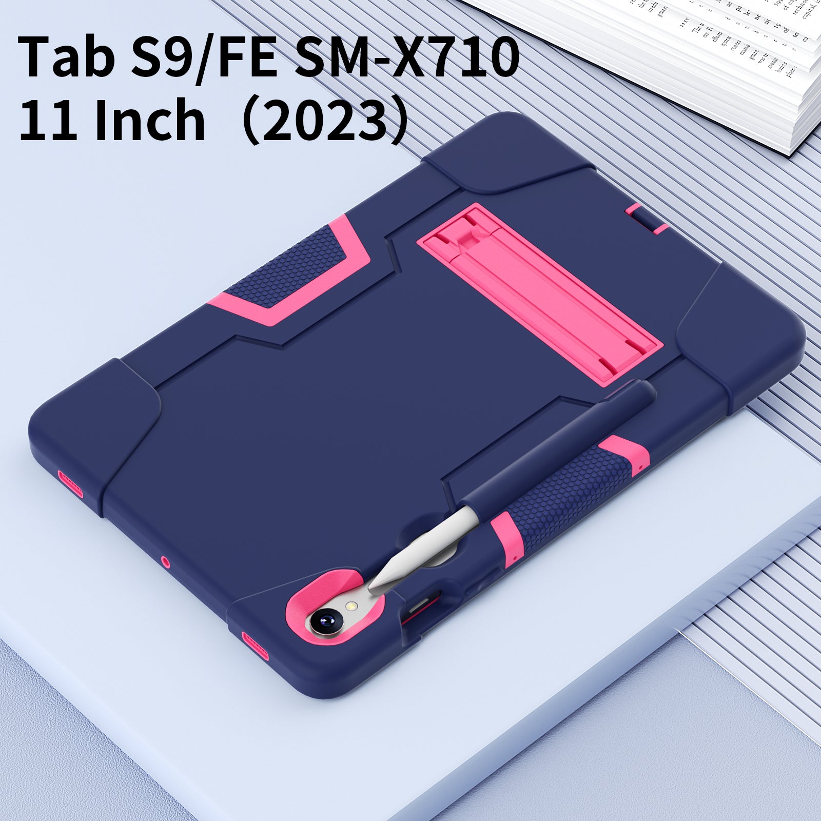 Silicone + PC Tablet Case for Samsung Galaxy Tab S9 SM-X710  /  S9 FE SM-X510 Robot Style Dual Color Kickstand Cover - Navy Blue  /  Rose Red