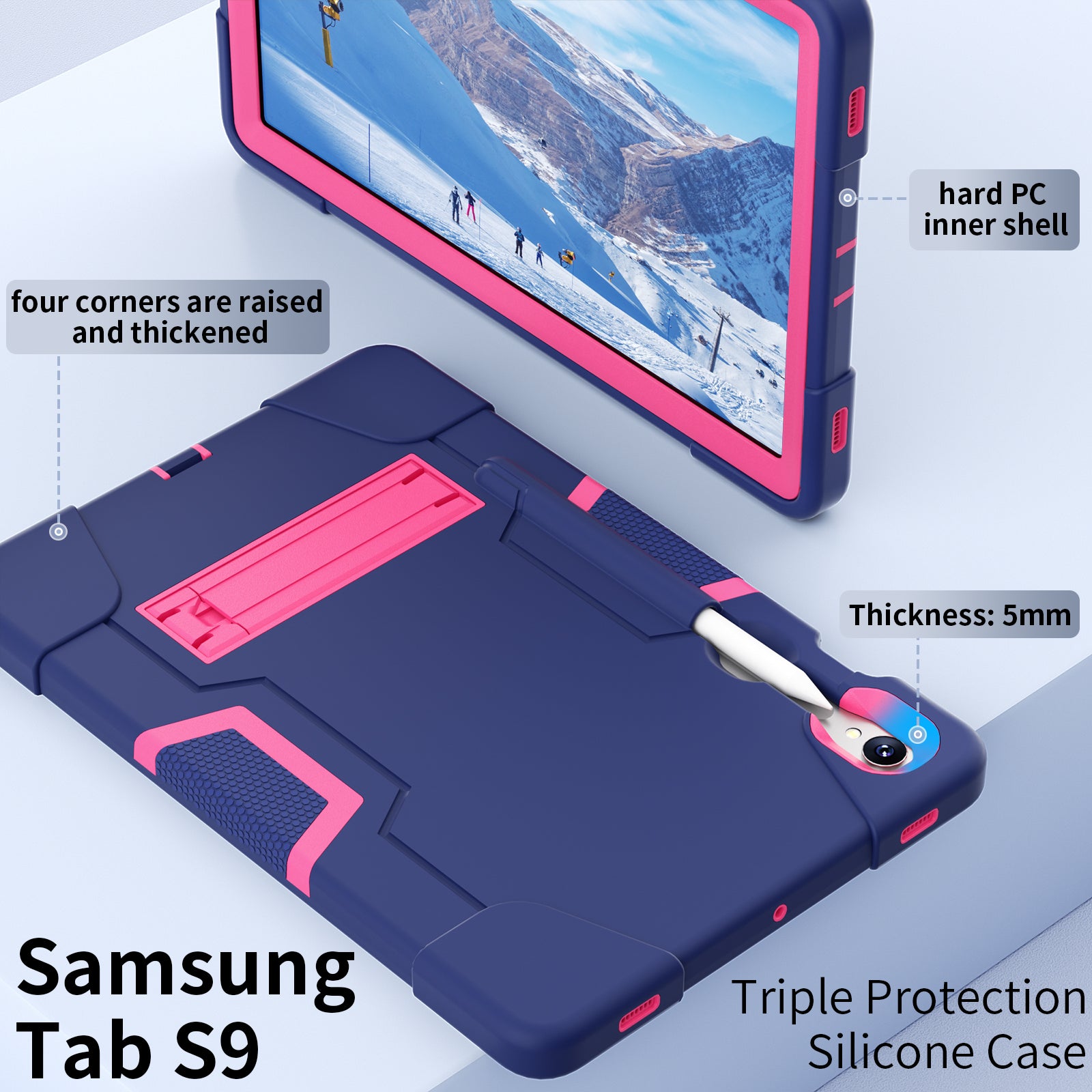 Silicone + PC Tablet Case for Samsung Galaxy Tab S9 SM-X710  /  S9 FE SM-X510 Robot Style Dual Color Kickstand Cover - Navy Blue  /  Rose Red