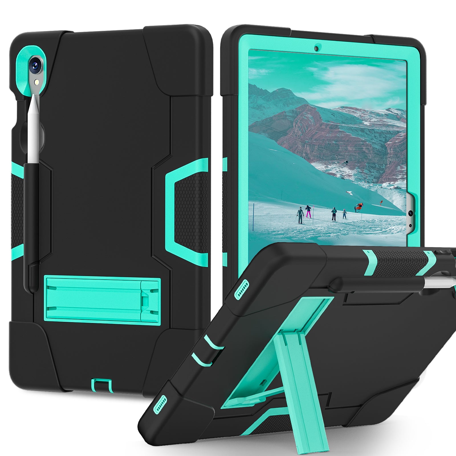 Silicone + PC Tablet Case for Samsung Galaxy Tab S9 SM-X710  /  S9 FE SM-X510 Robot Style Dual Color Kickstand Cover - Black  /  Mint Green