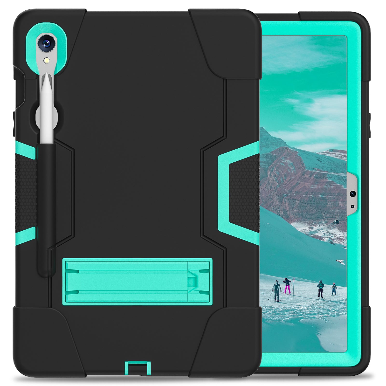 Silicone + PC Tablet Case for Samsung Galaxy Tab S9 SM-X710  /  S9 FE SM-X510 Robot Style Dual Color Kickstand Cover - Black  /  Mint Green