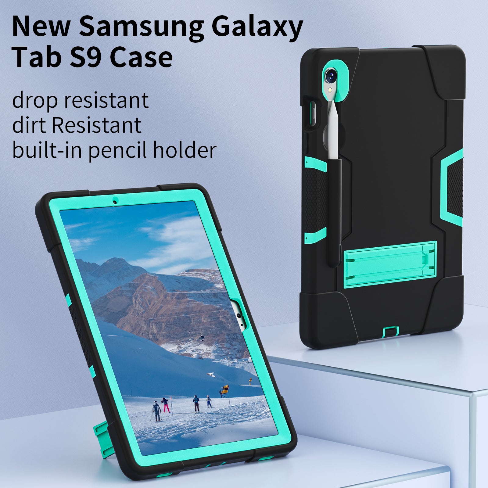 Silicone + PC Tablet Case for Samsung Galaxy Tab S9 SM-X710  /  S9 FE SM-X510 Robot Style Dual Color Kickstand Cover - Black  /  Mint Green