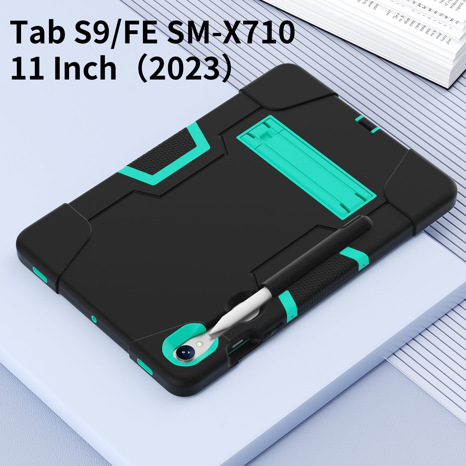 Silicone + PC Tablet Case for Samsung Galaxy Tab S9 SM-X710  /  S9 FE SM-X510 Robot Style Dual Color Kickstand Cover - Black  /  Mint Green