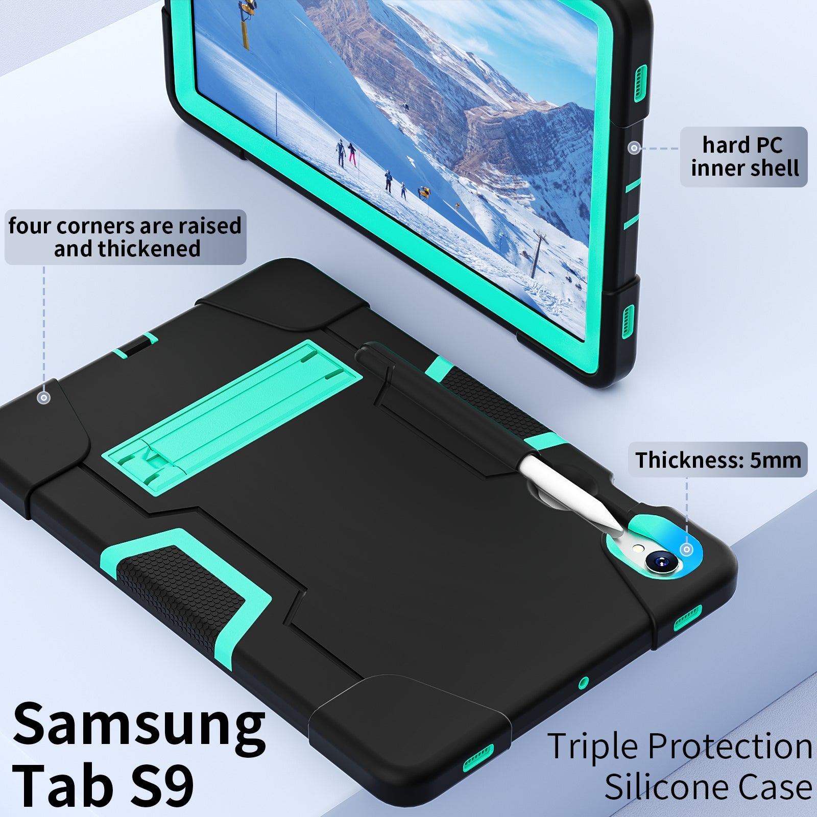 Silicone + PC Tablet Case for Samsung Galaxy Tab S9 SM-X710  /  S9 FE SM-X510 Robot Style Dual Color Kickstand Cover - Black  /  Mint Green