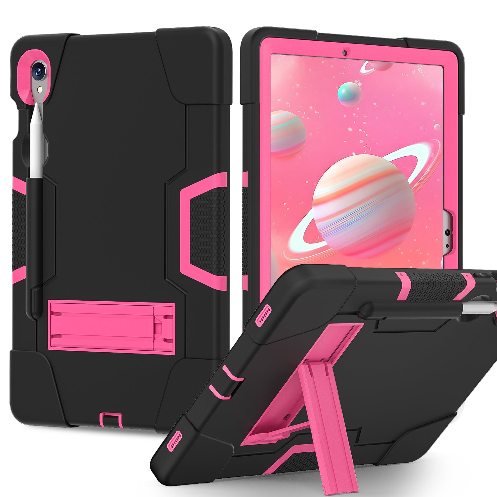 Silicone + PC Tablet Case for Samsung Galaxy Tab S9 SM-X710  /  S9 FE SM-X510 Robot Style Dual Color Kickstand Cover - Black  /  Rose Red