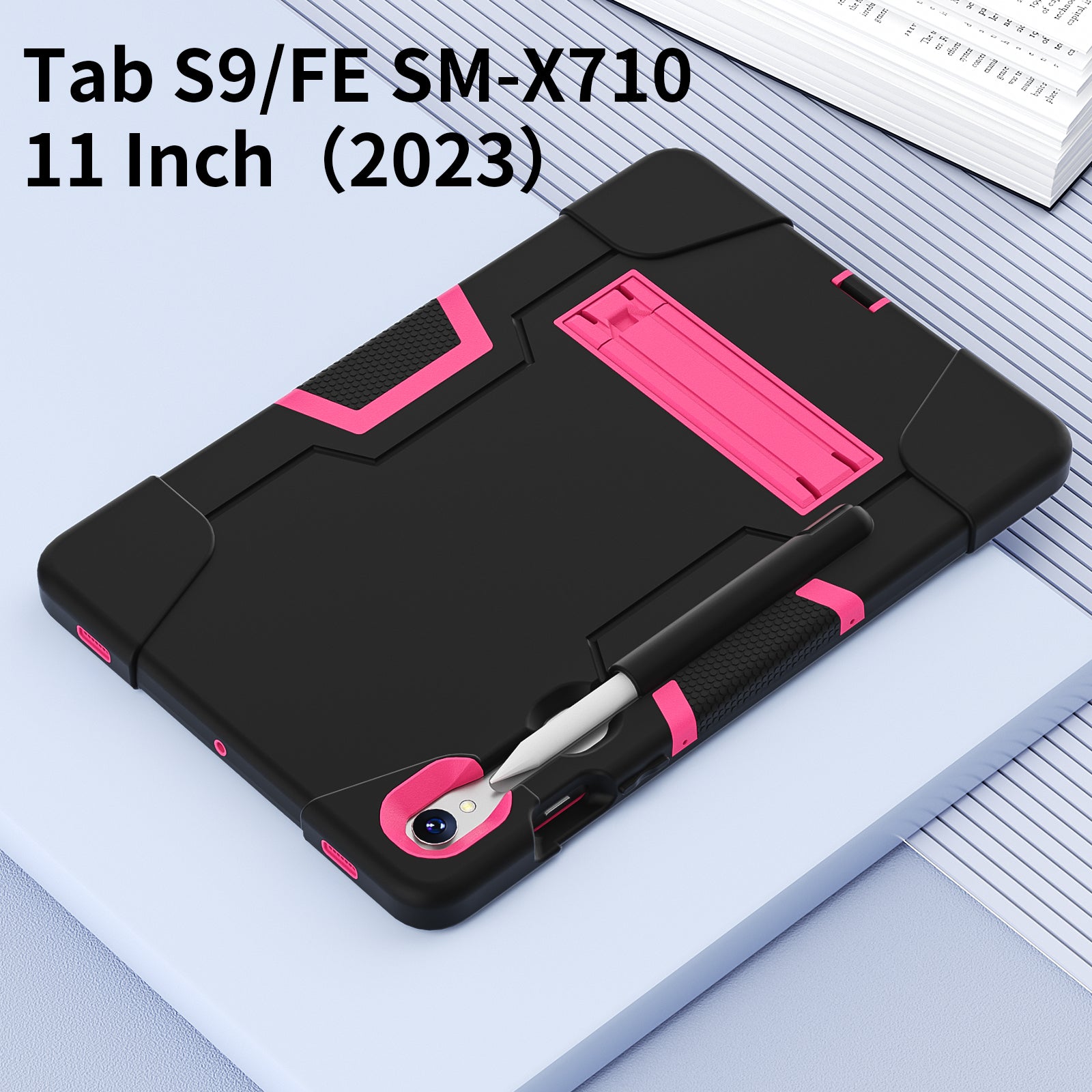 Silicone + PC Tablet Case for Samsung Galaxy Tab S9 SM-X710  /  S9 FE SM-X510 Robot Style Dual Color Kickstand Cover - Black  /  Rose Red