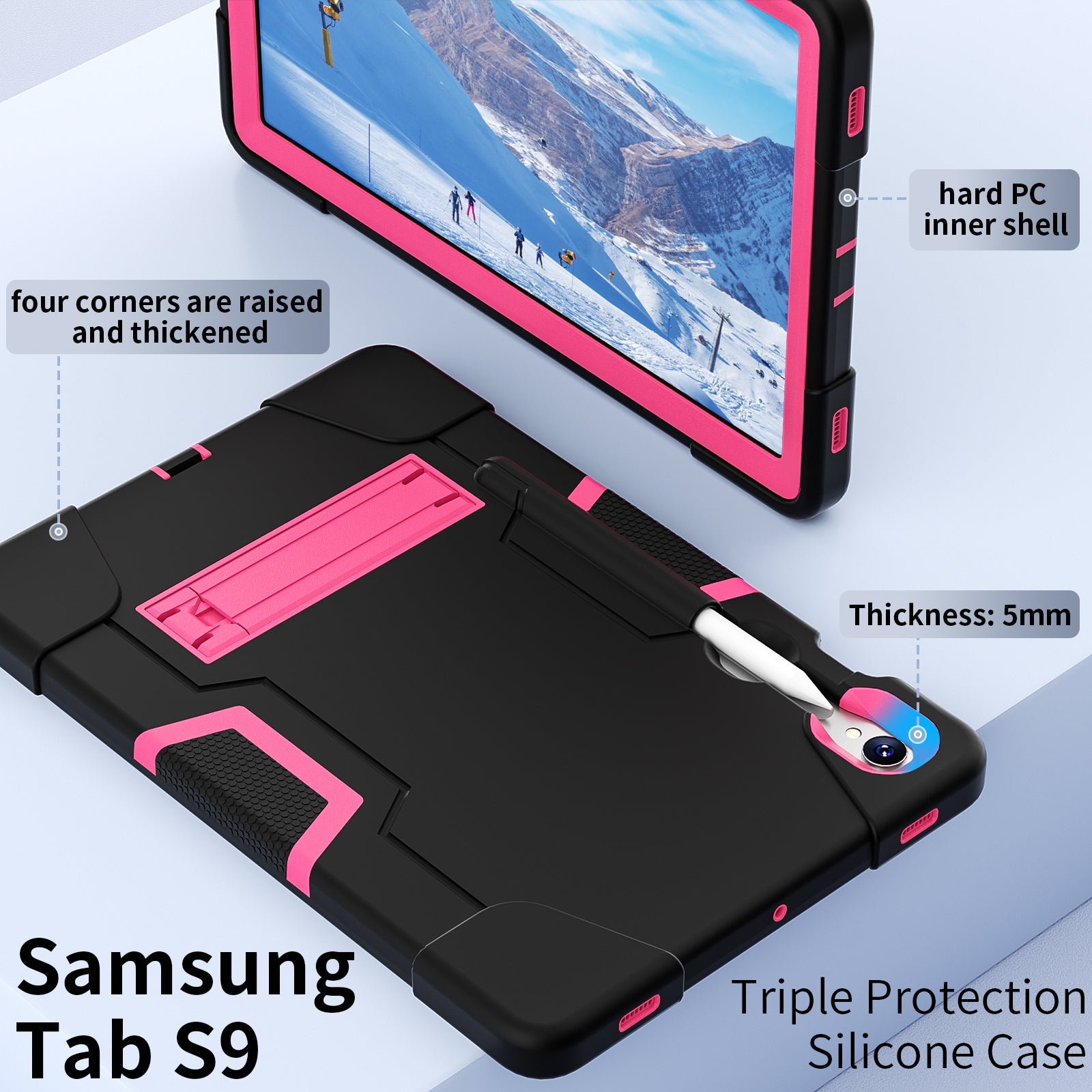 Silicone + PC Tablet Case for Samsung Galaxy Tab S9 SM-X710  /  S9 FE SM-X510 Robot Style Dual Color Kickstand Cover - Black  /  Rose Red