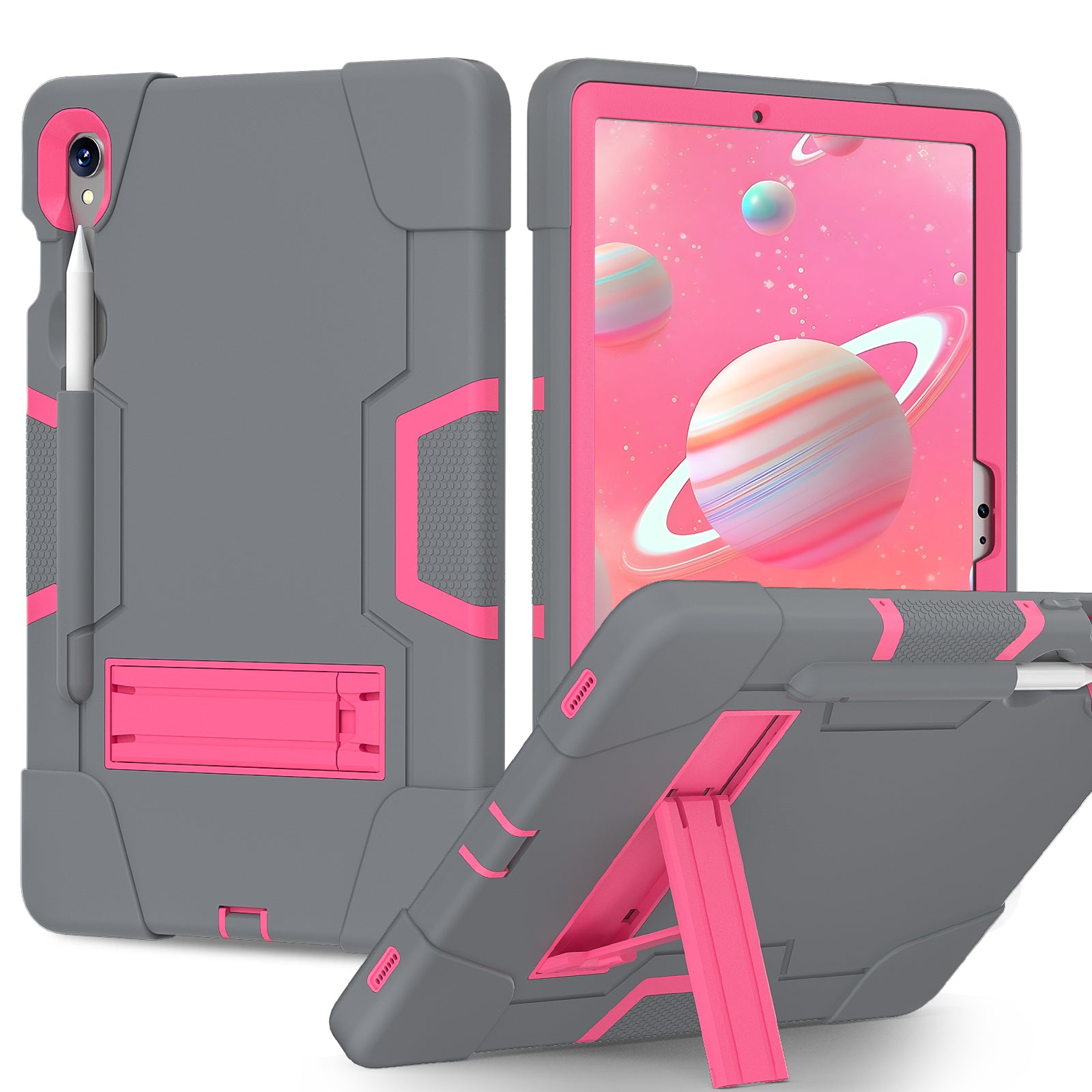 Silicone + PC Tablet Case for Samsung Galaxy Tab S9 SM-X710  /  S9 FE SM-X510 Robot Style Dual Color Kickstand Cover - Grey  /  Rose Red