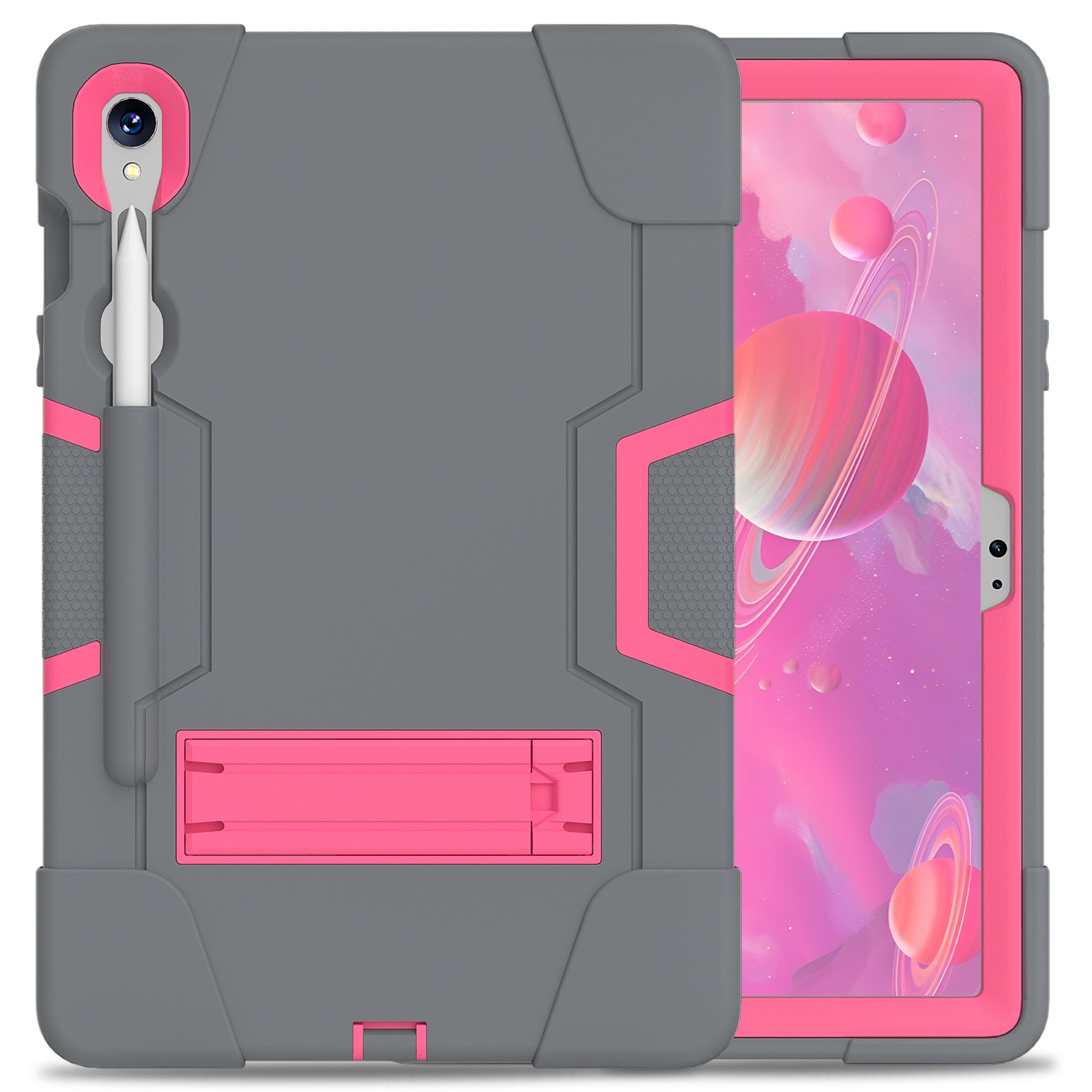 Silicone + PC Tablet Case for Samsung Galaxy Tab S9 SM-X710  /  S9 FE SM-X510 Robot Style Dual Color Kickstand Cover - Grey  /  Rose Red