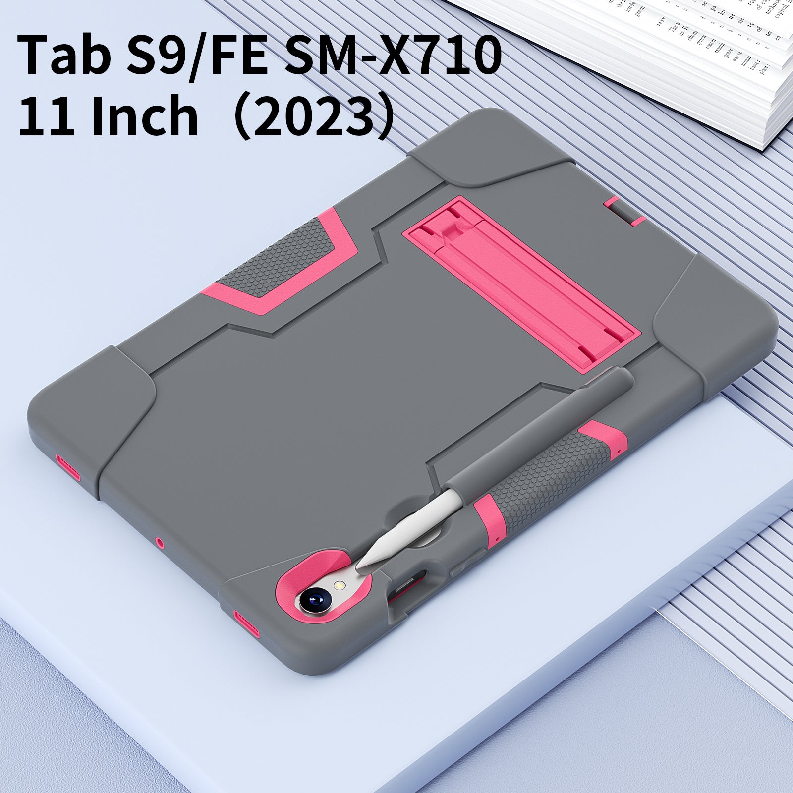 Silicone + PC Tablet Case for Samsung Galaxy Tab S9 SM-X710  /  S9 FE SM-X510 Robot Style Dual Color Kickstand Cover - Grey  /  Rose Red