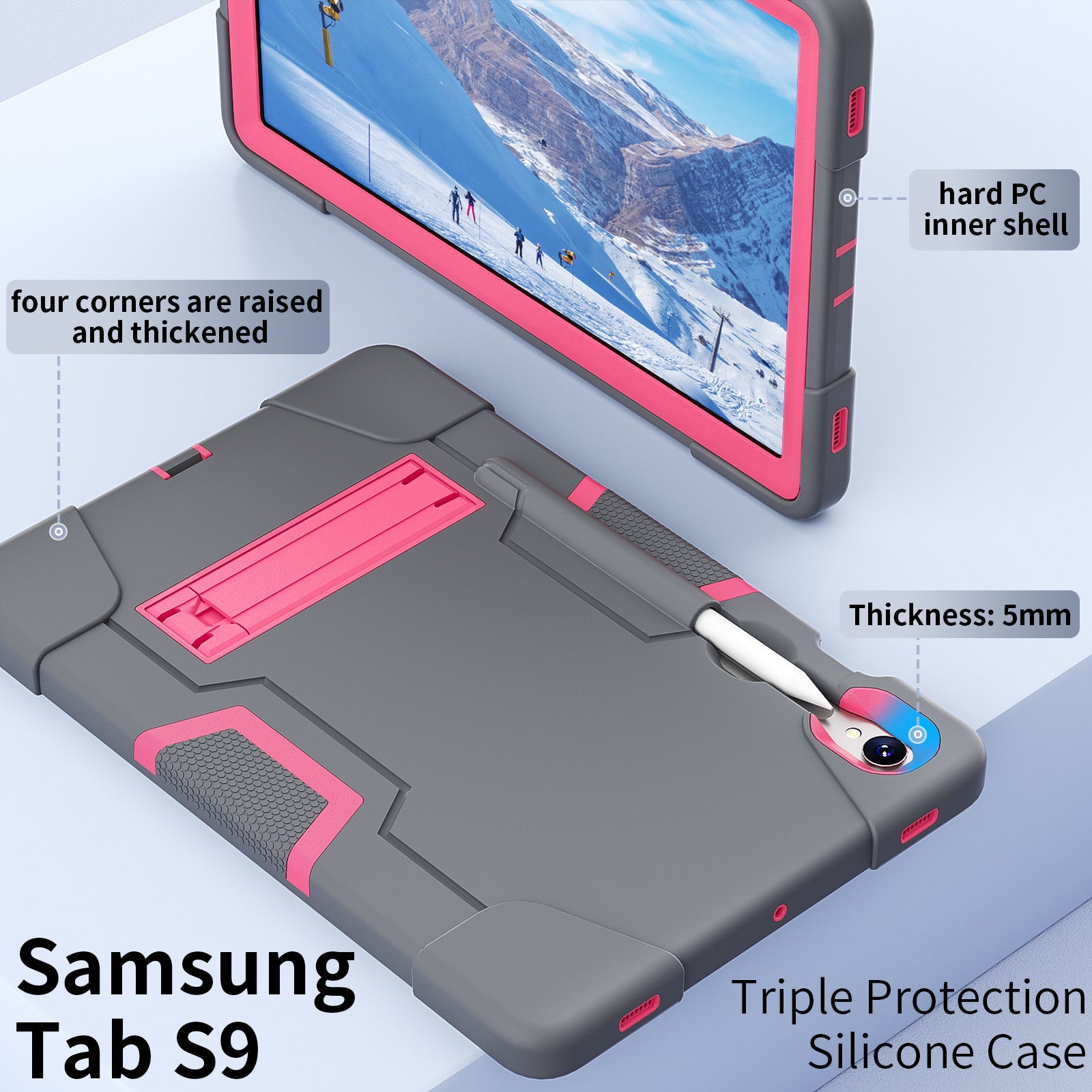 Silicone + PC Tablet Case for Samsung Galaxy Tab S9 SM-X710  /  S9 FE SM-X510 Robot Style Dual Color Kickstand Cover - Grey  /  Rose Red