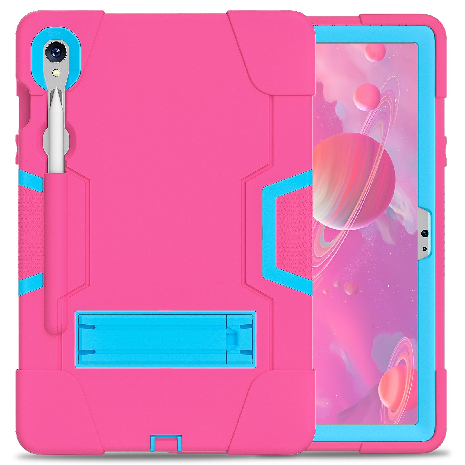 Silicone + PC Tablet Case for Samsung Galaxy Tab S9 SM-X710  /  S9 FE SM-X510 Robot Style Dual Color Kickstand Cover - Rose Red  /  Blue