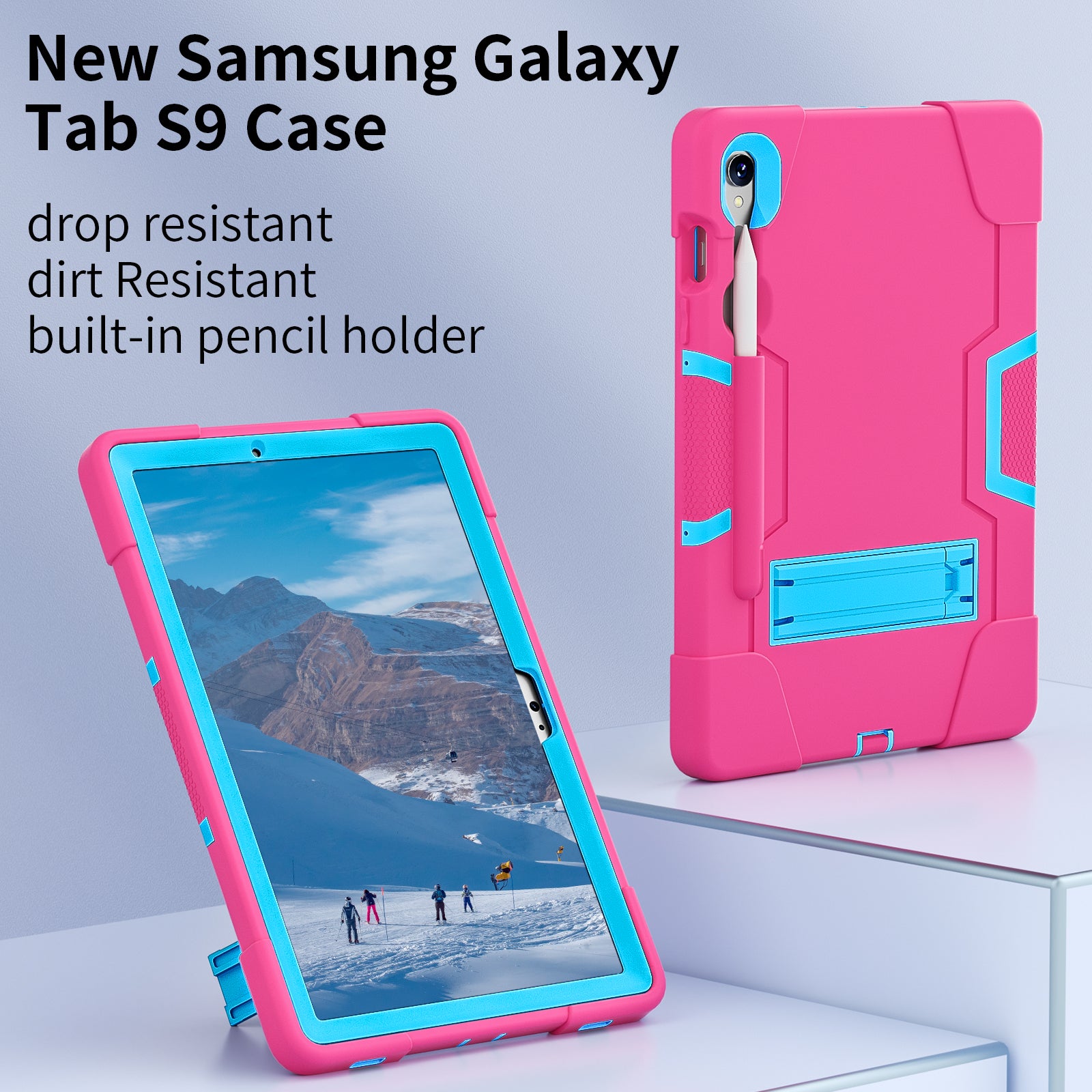 Silicone + PC Tablet Case for Samsung Galaxy Tab S9 SM-X710  /  S9 FE SM-X510 Robot Style Dual Color Kickstand Cover - Rose Red  /  Blue