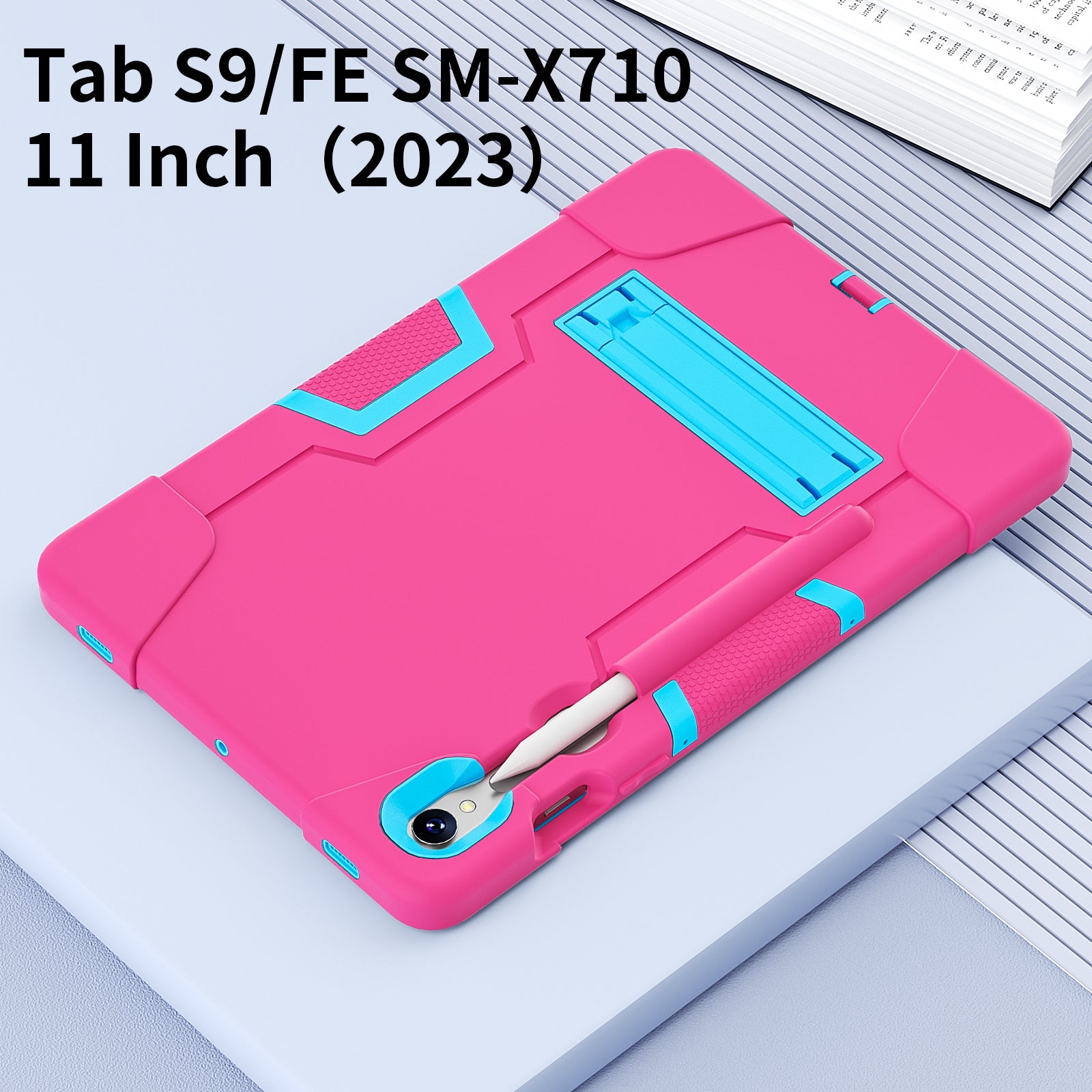 Silicone + PC Tablet Case for Samsung Galaxy Tab S9 SM-X710  /  S9 FE SM-X510 Robot Style Dual Color Kickstand Cover - Rose Red  /  Blue